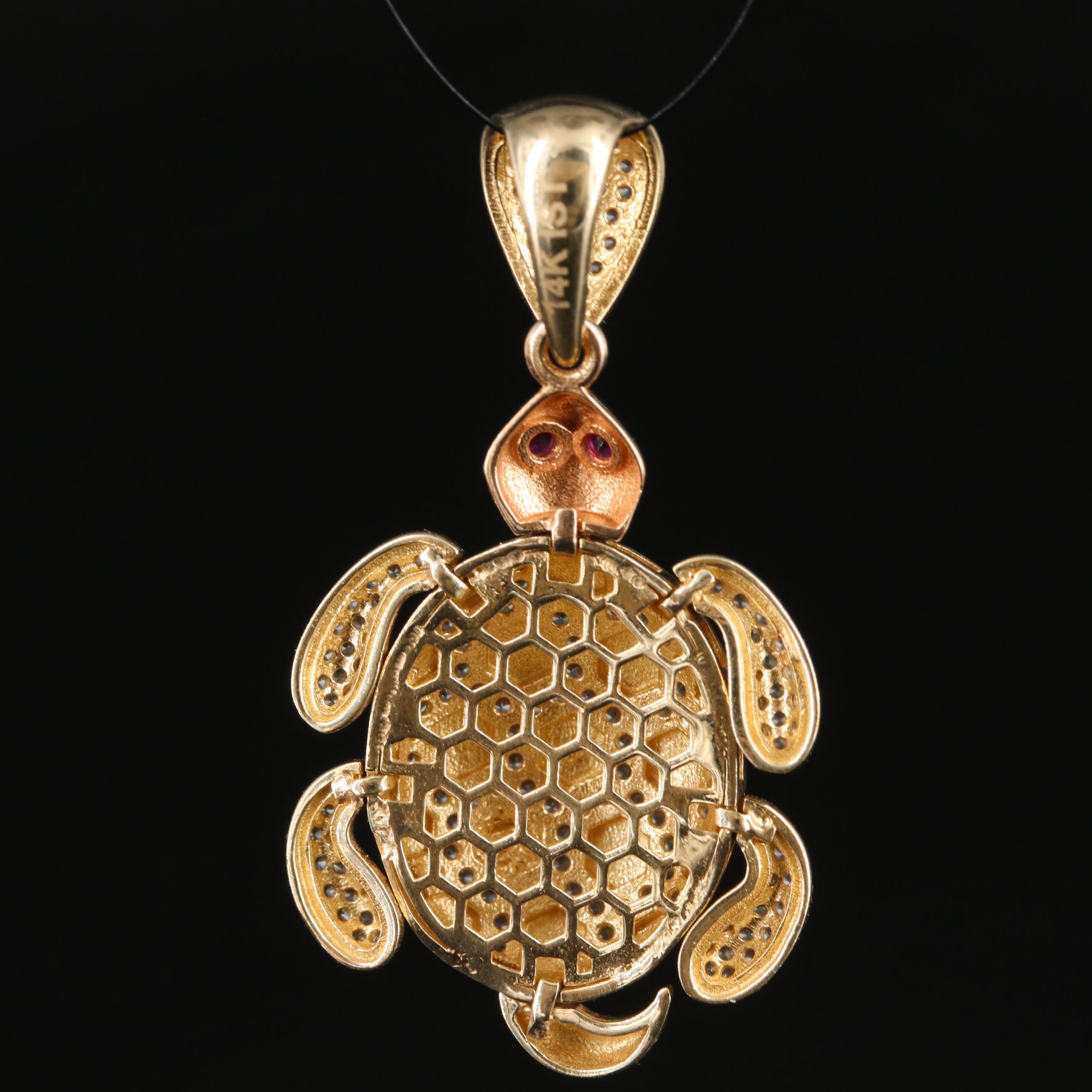 14K Ruby and Cubic Zirconia Articulated Turtle Pendant
