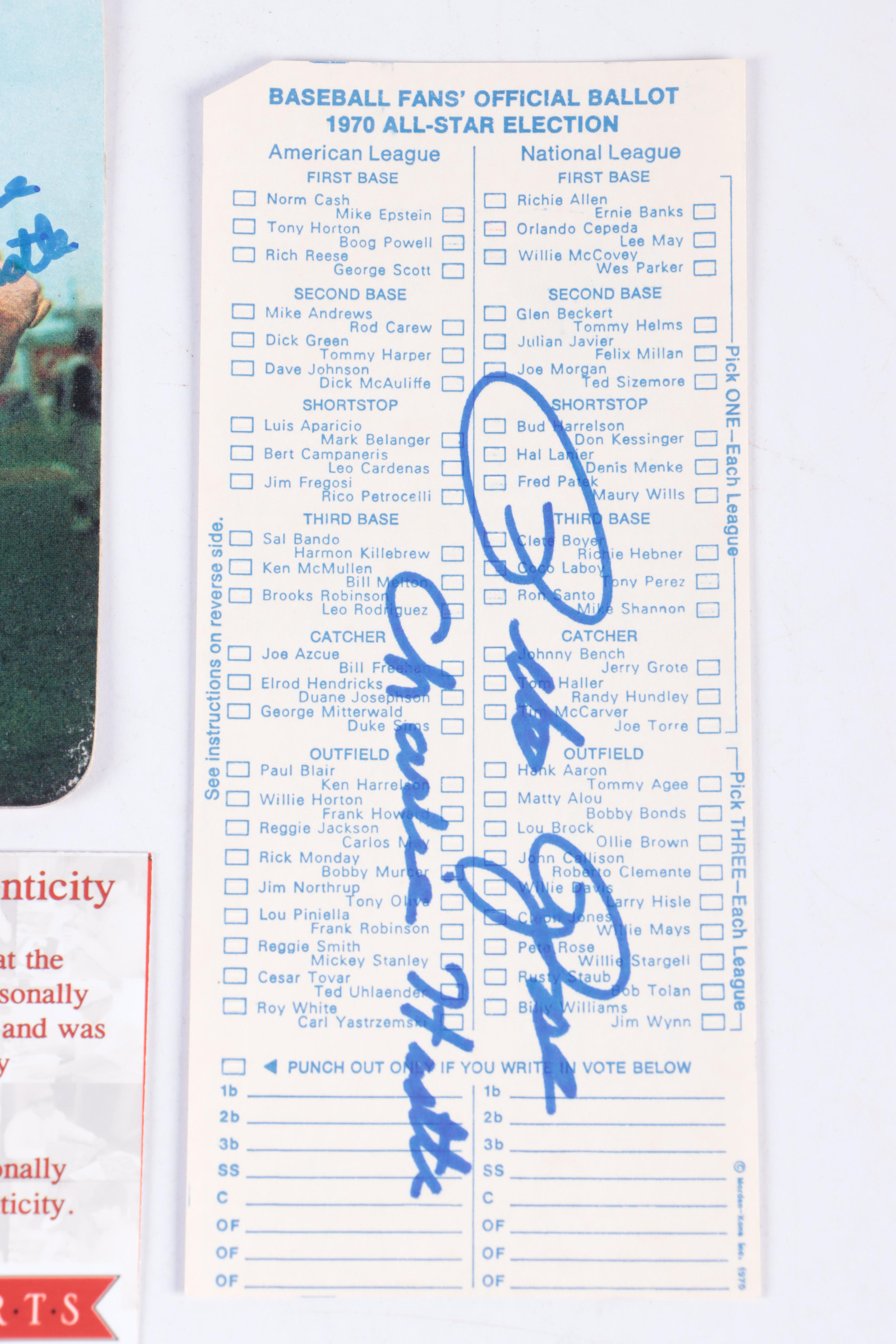 Pete Rose Signed Topps Super Baseball Card and 1970 All-Star Ballot