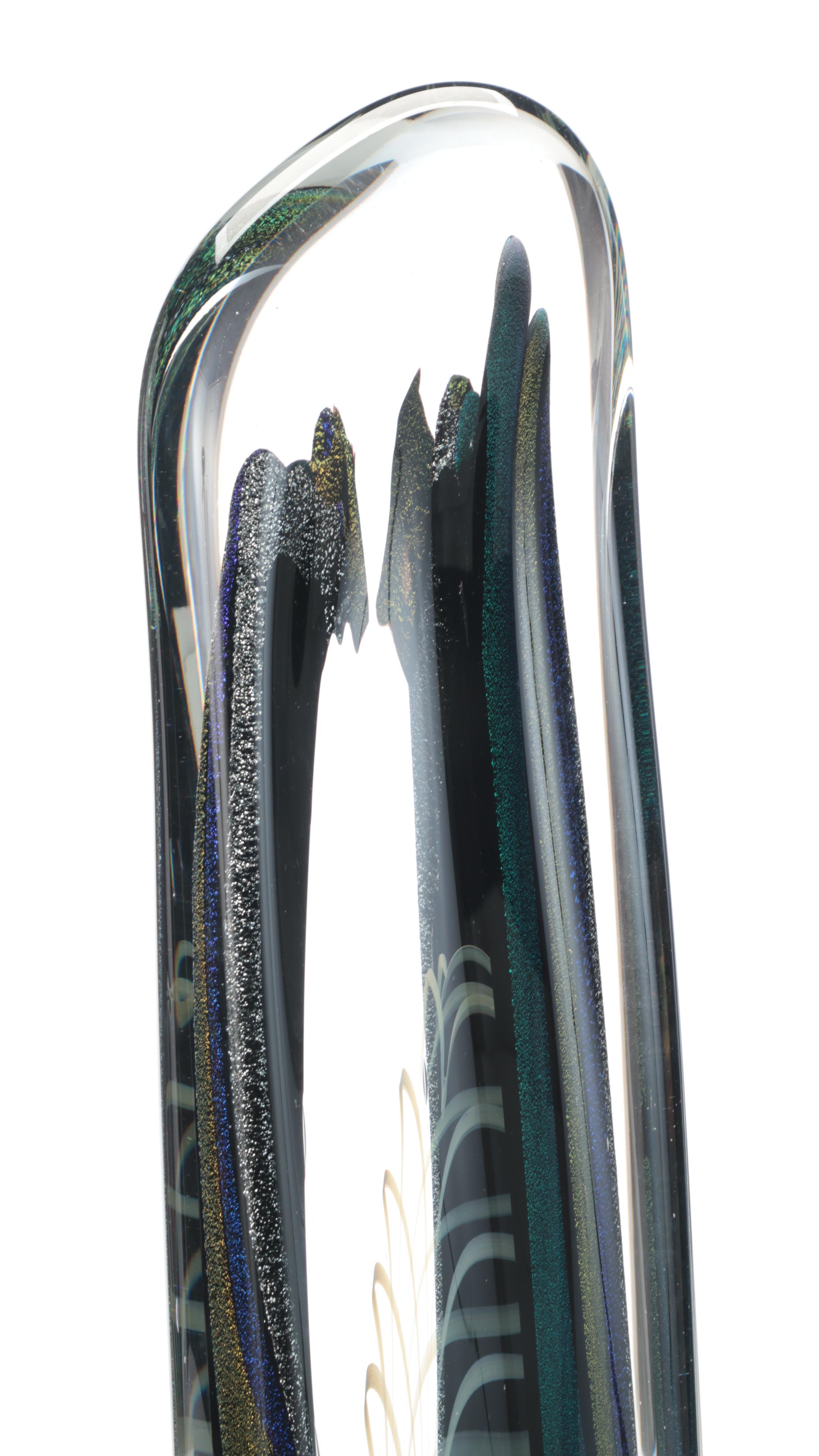 Rollin Karg Large Dichroic and Pulled Feather Art Glass Sculpture, 2002