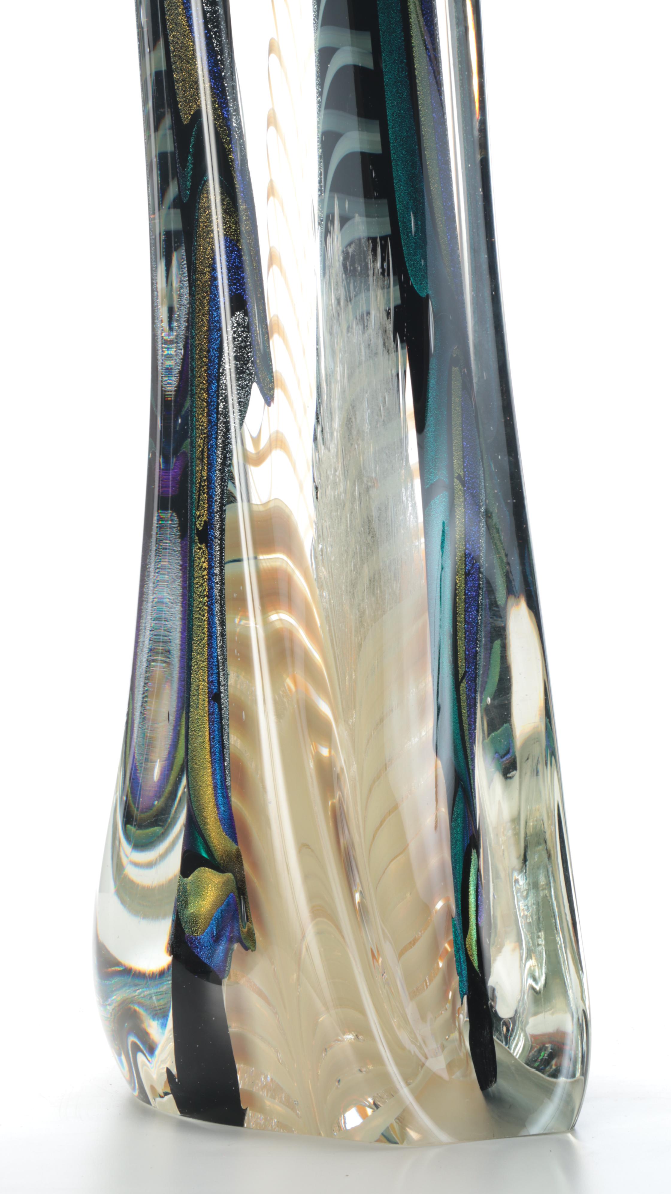 Rollin Karg Large Dichroic and Pulled Feather Art Glass Sculpture, 2002