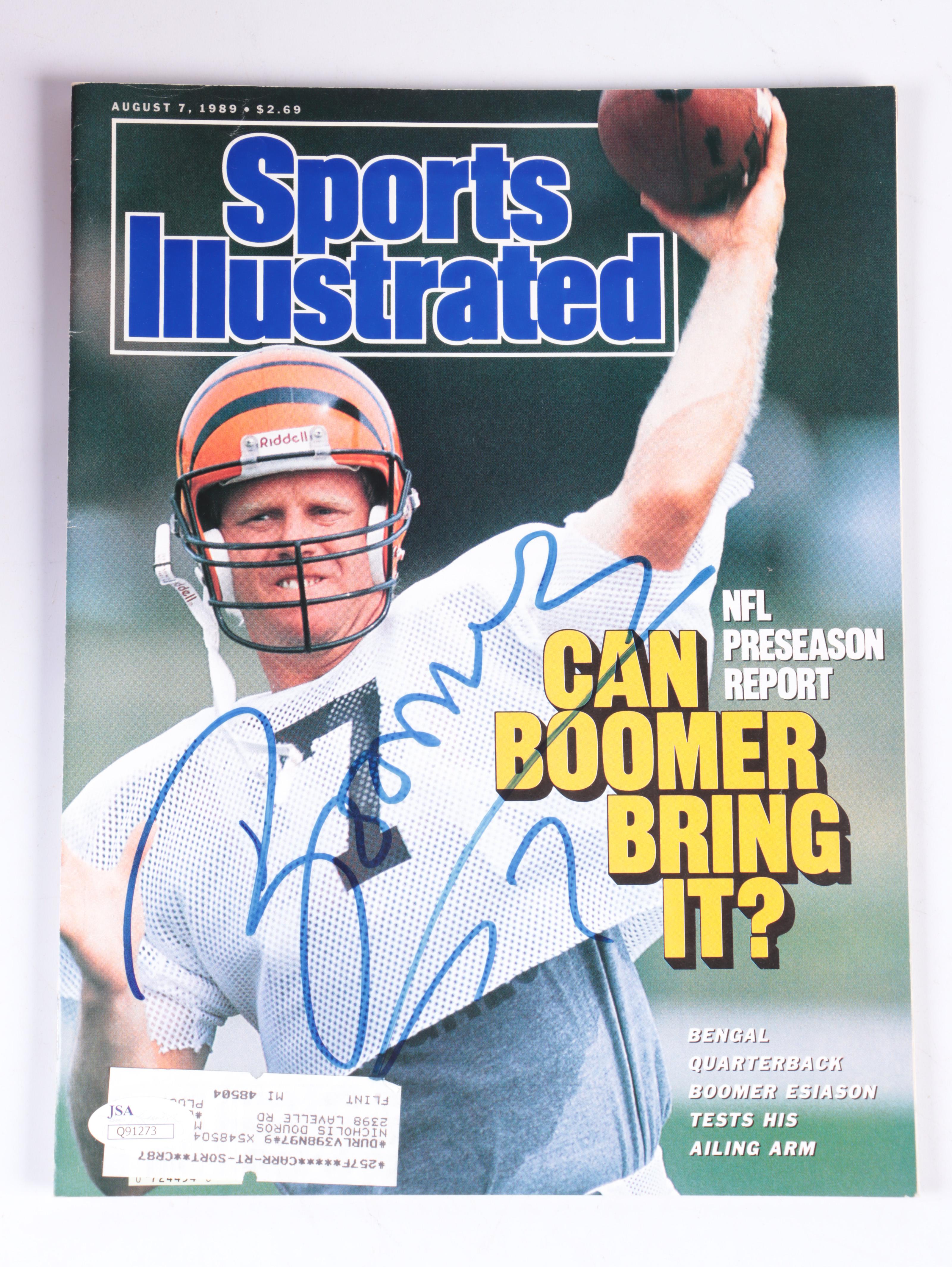 Boomer Esiason Signed Sports Illustrated Magazine with Topps Rookie Card, More