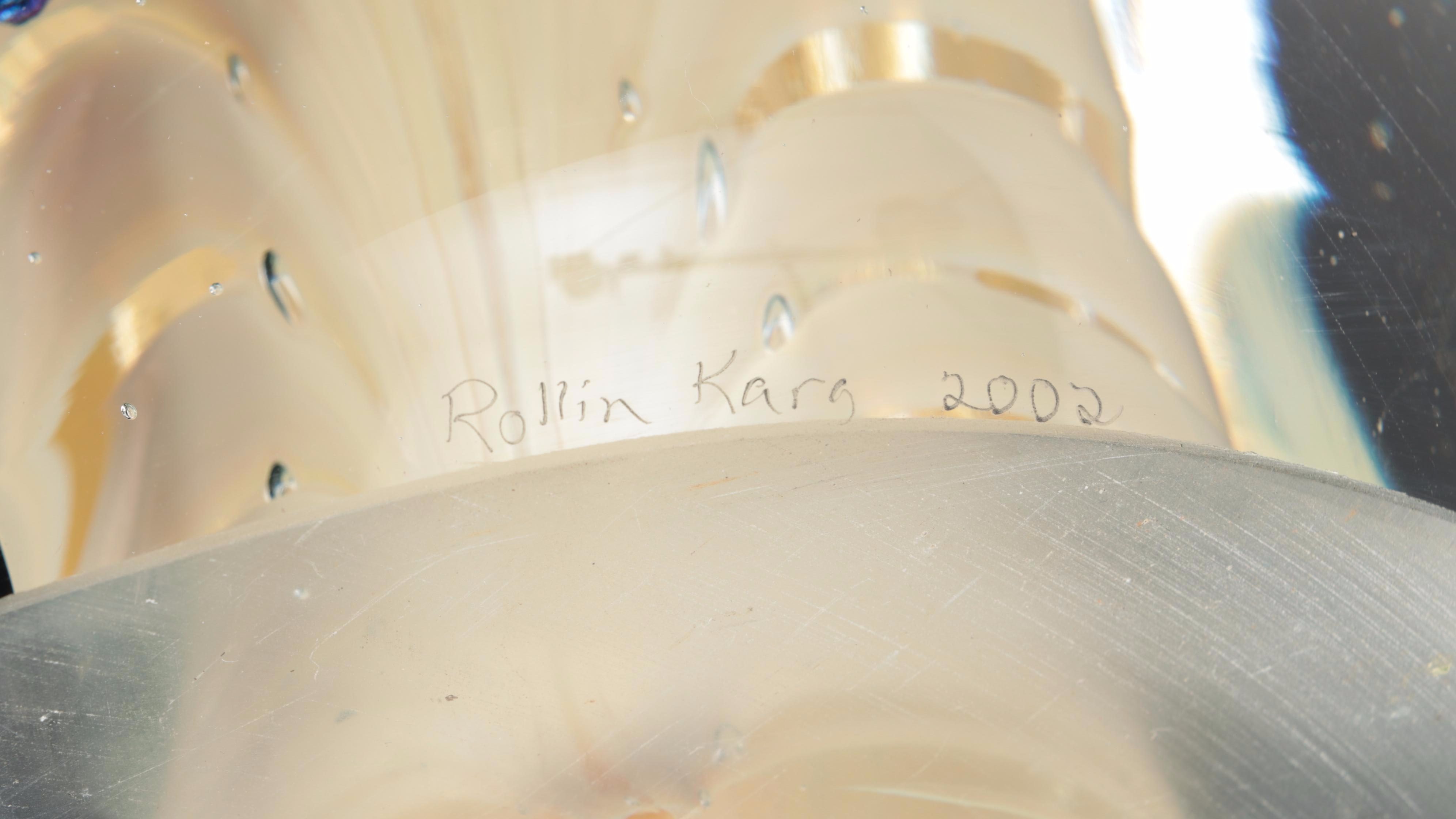 Rollin Karg Large Dichroic and Pulled Feather Art Glass Sculpture, 2002