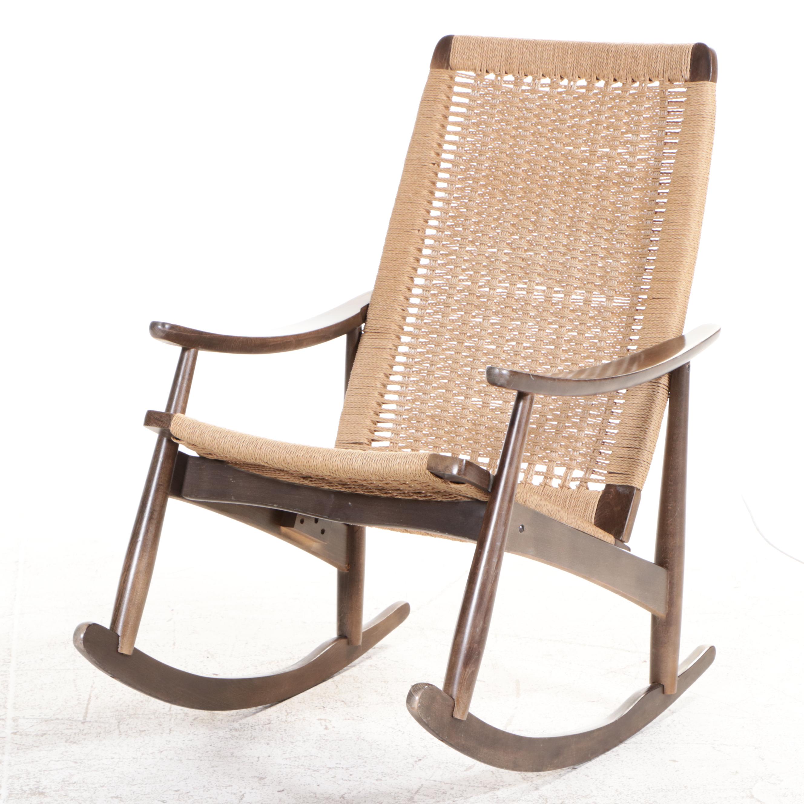 Mid Century Modern Beech & Woven Cord Rocker and Ottoman, Manner of Hans Wegner