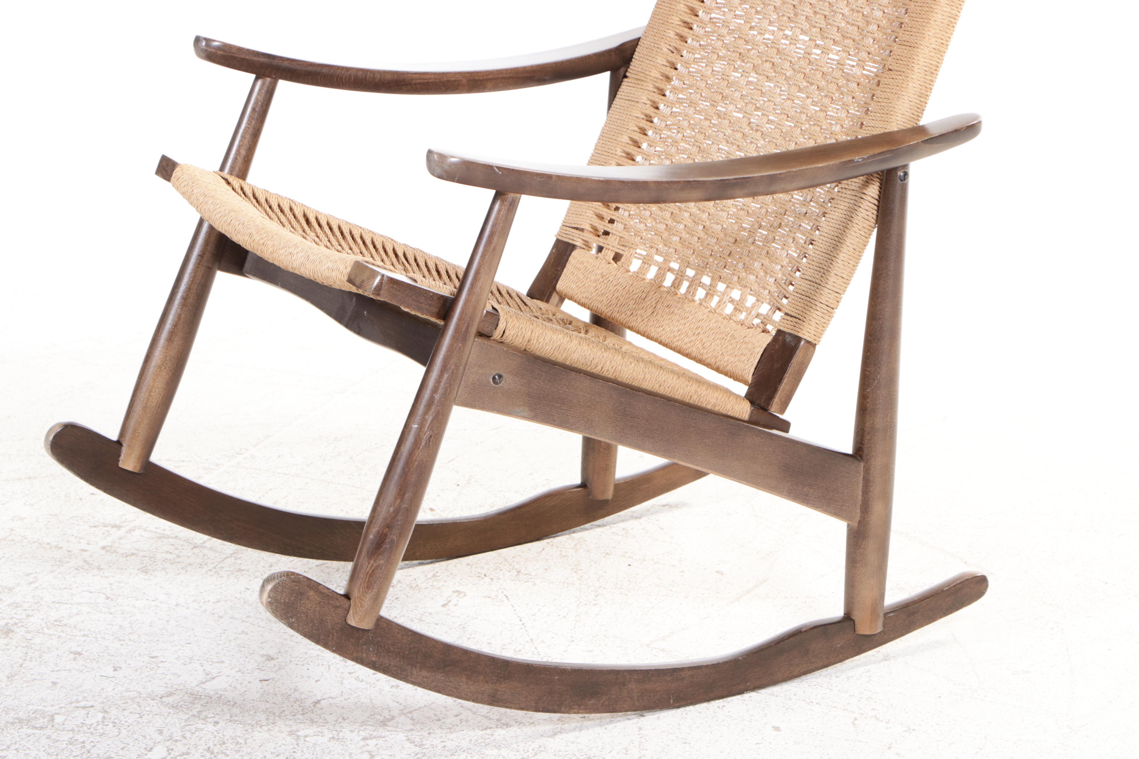 Mid Century Modern Beech & Woven Cord Rocker and Ottoman, Manner of Hans Wegner