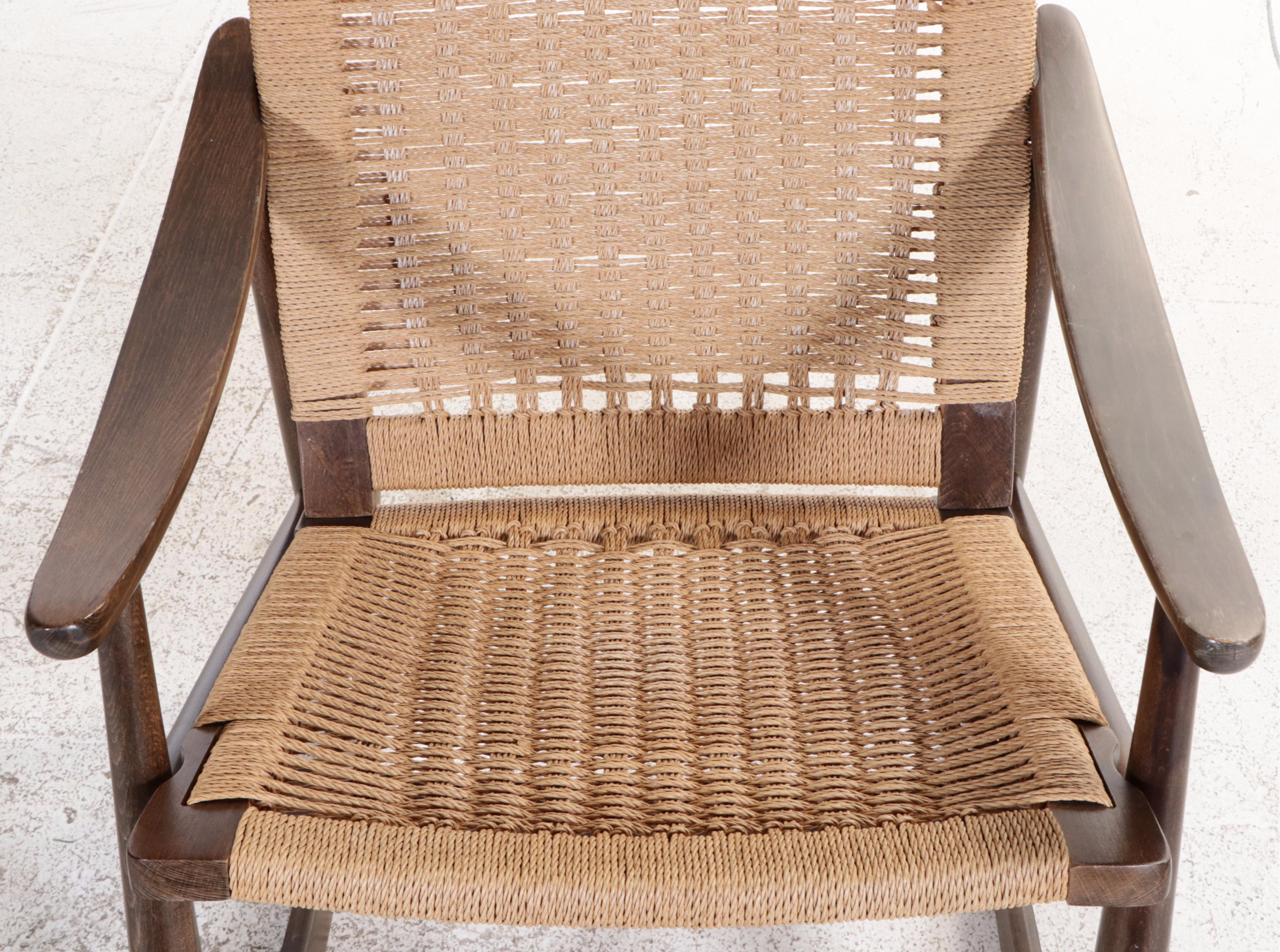 Mid Century Modern Beech & Woven Cord Rocker and Ottoman, Manner of Hans Wegner