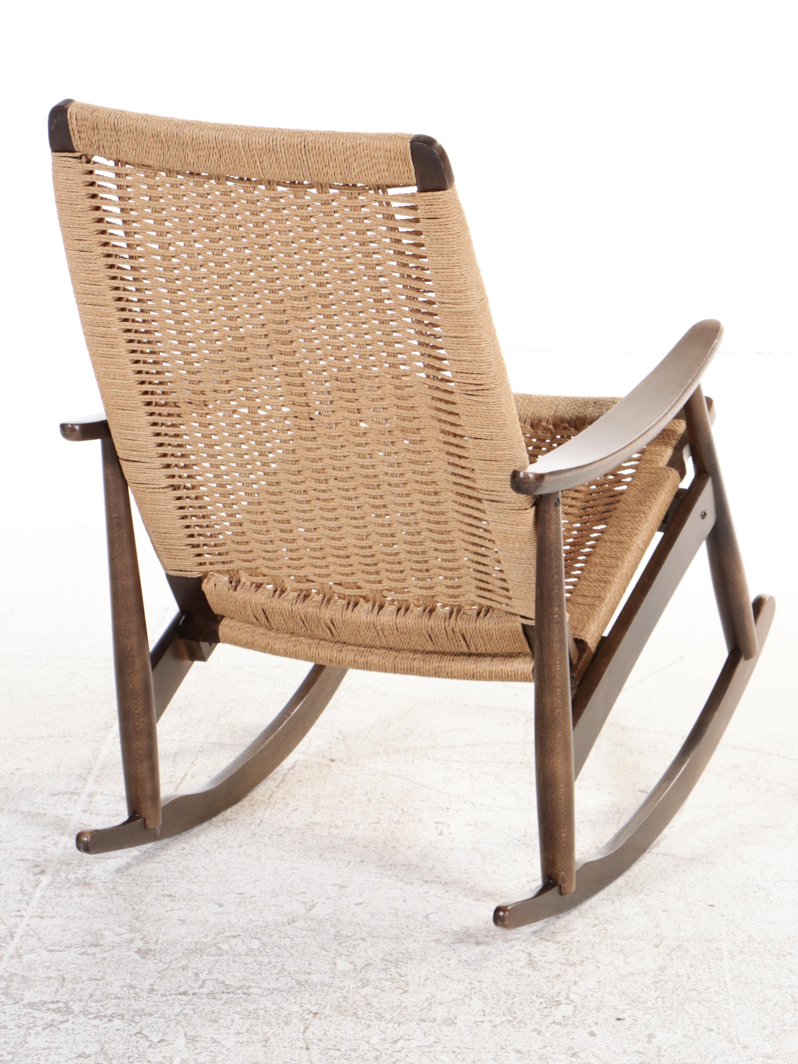 Mid Century Modern Beech & Woven Cord Rocker and Ottoman, Manner of Hans Wegner