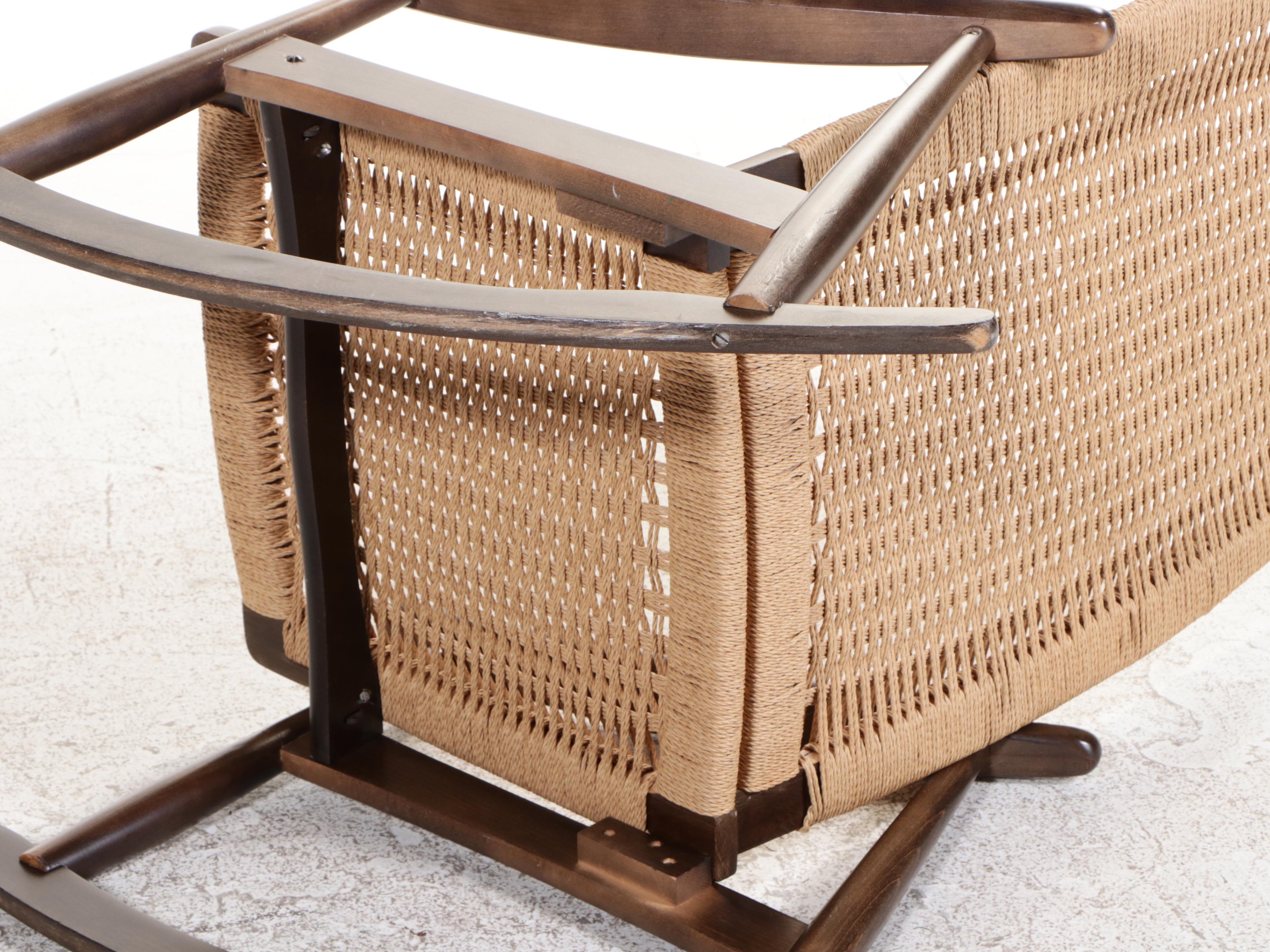 Mid Century Modern Beech & Woven Cord Rocker and Ottoman, Manner of Hans Wegner