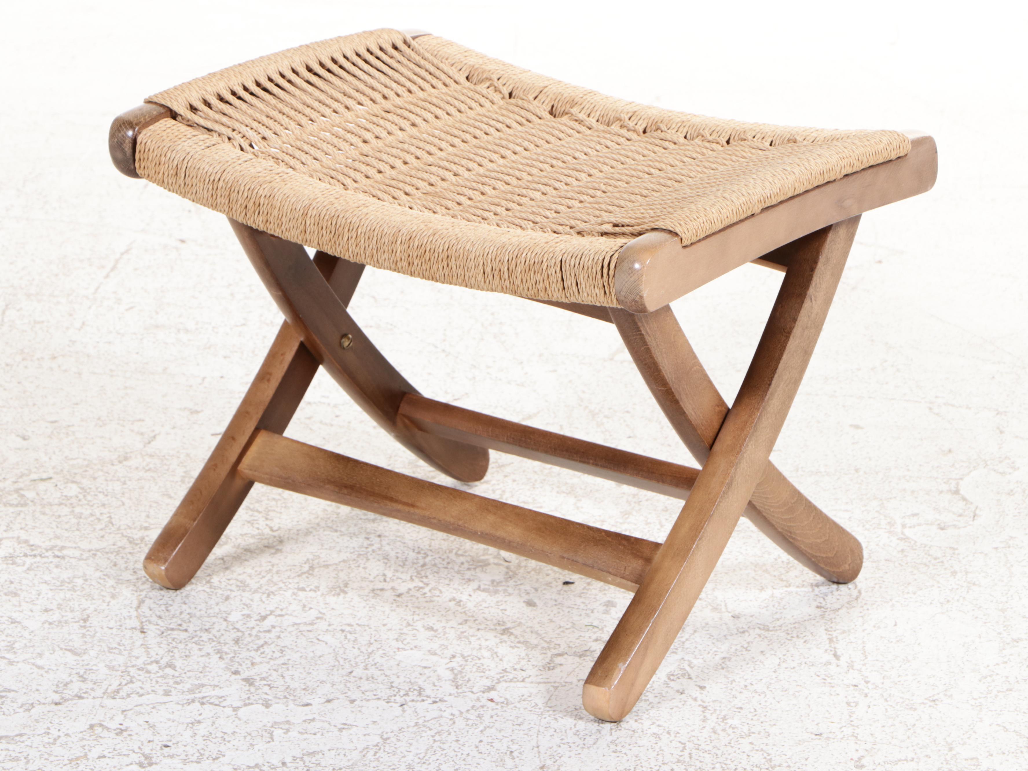 Mid Century Modern Beech & Woven Cord Rocker and Ottoman, Manner of Hans Wegner