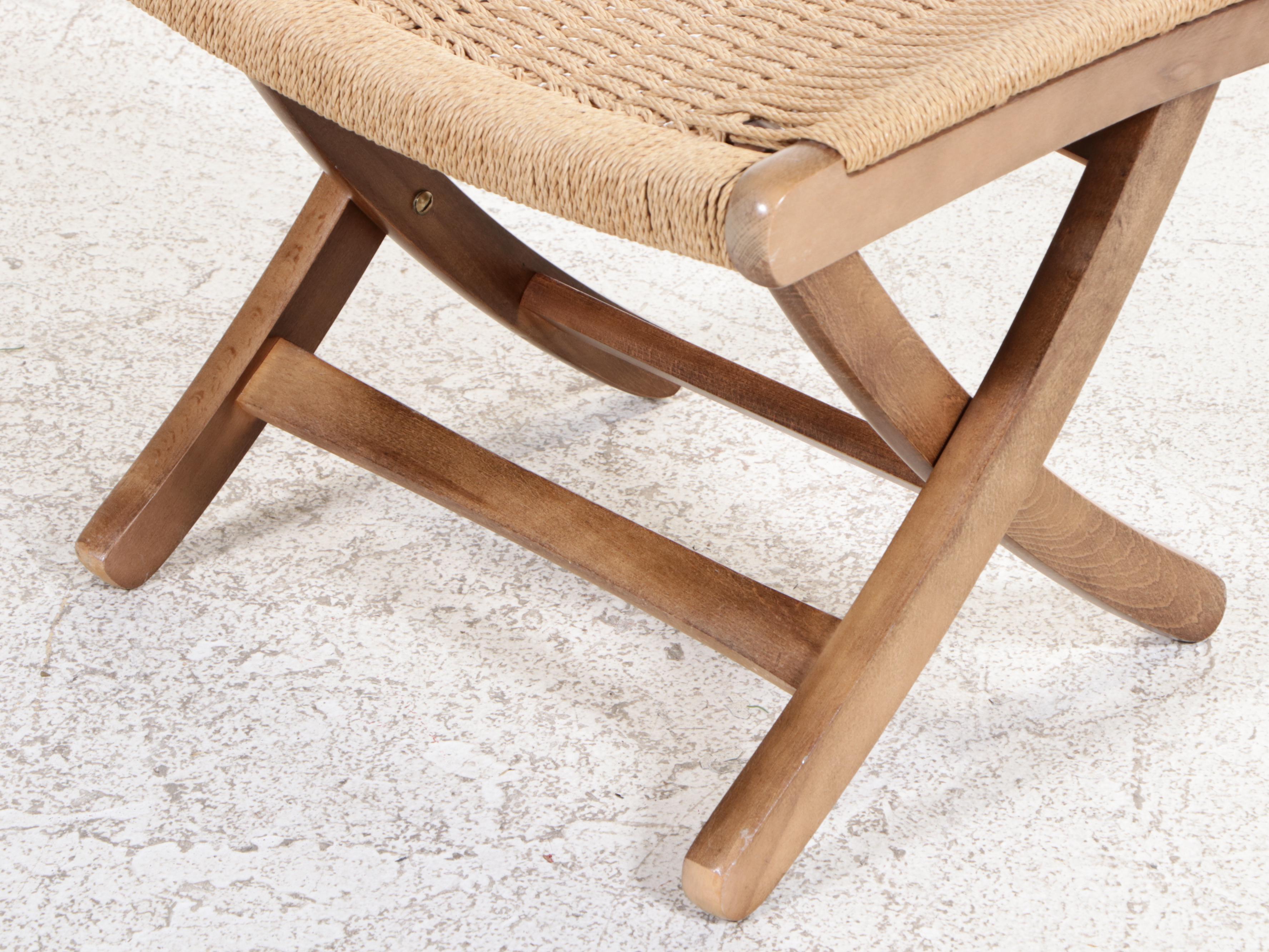 Mid Century Modern Beech & Woven Cord Rocker and Ottoman, Manner of Hans Wegner