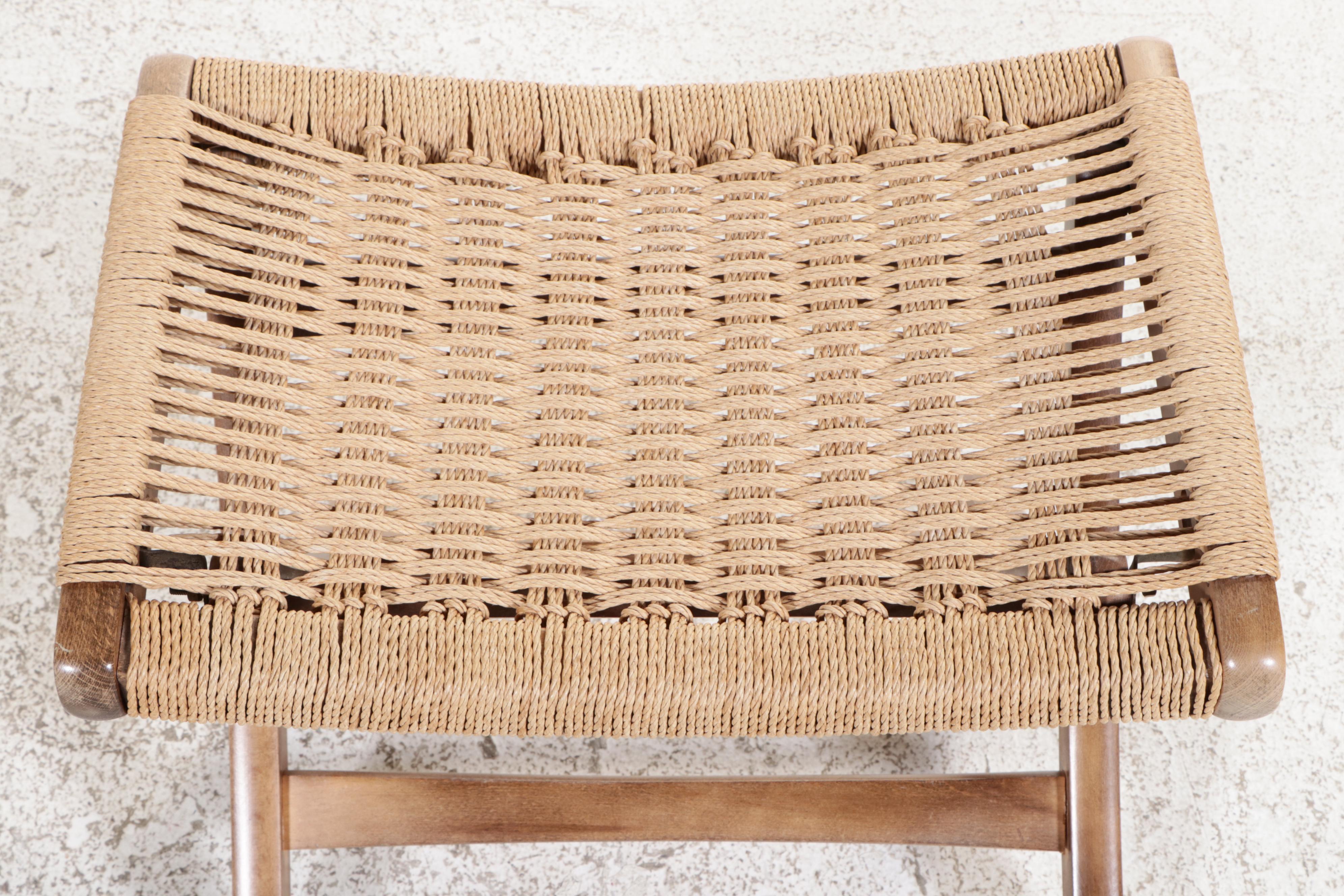 Mid Century Modern Beech & Woven Cord Rocker and Ottoman, Manner of Hans Wegner
