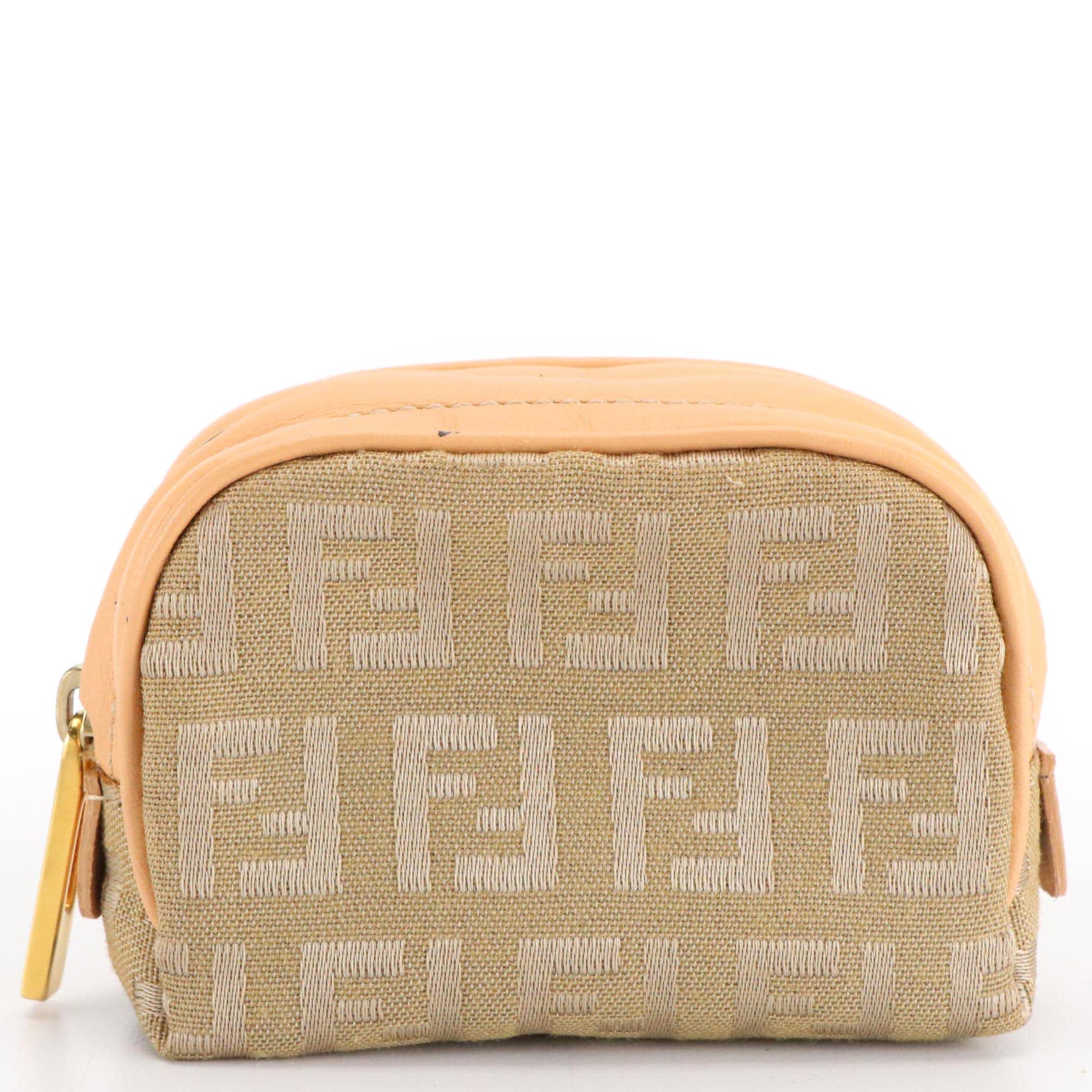 Fendi Mini Zip Coin Pouch in Beige Zuchinno Canvas and Leather Trim with Box