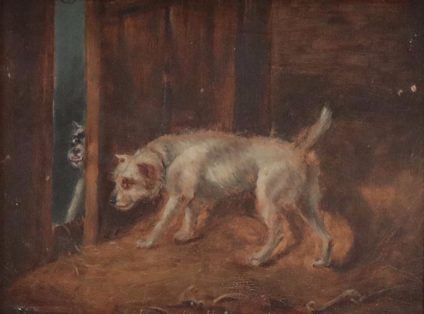 Oil Painting of Barn Scene With Two Dogs