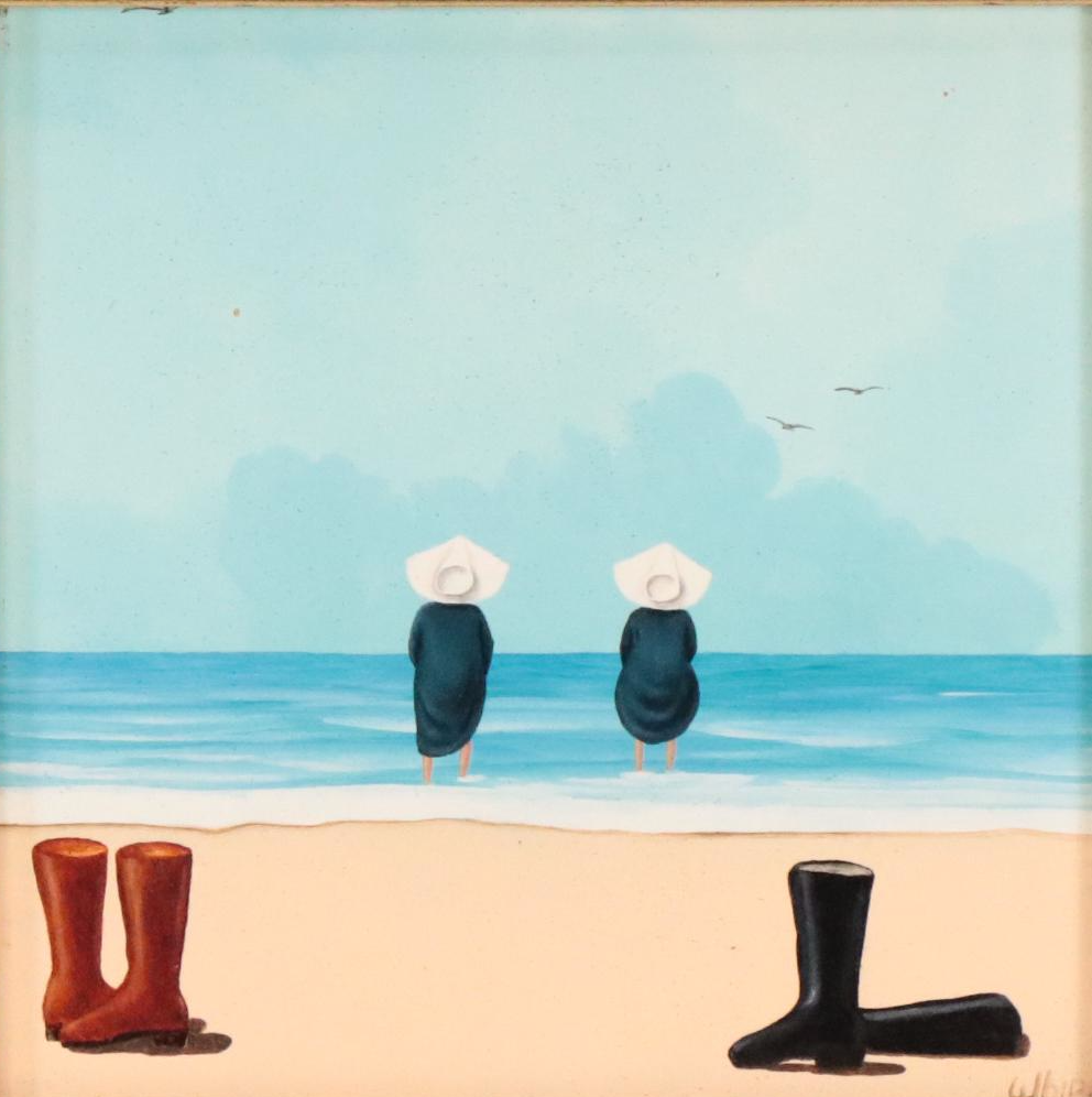 Frank Whipple Oil Painting of Two Figures Wading in the Sea