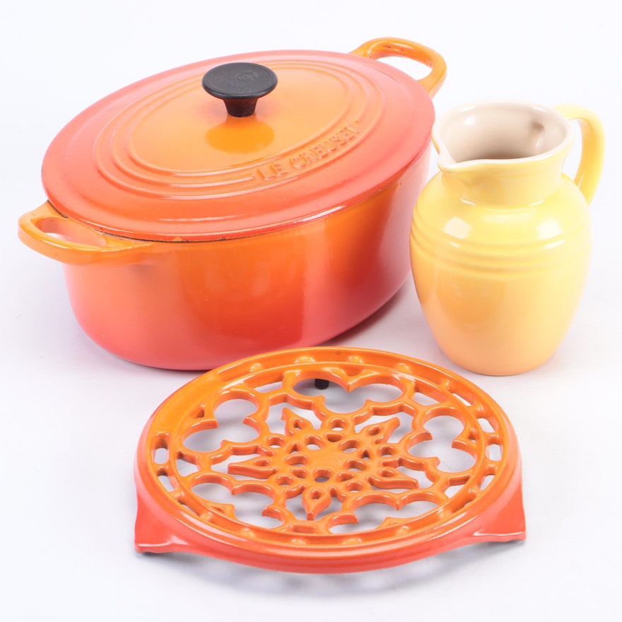 Le Creuset Enameled Cast Iron Dutch Oven with Trivet and Stoneware Pitcher