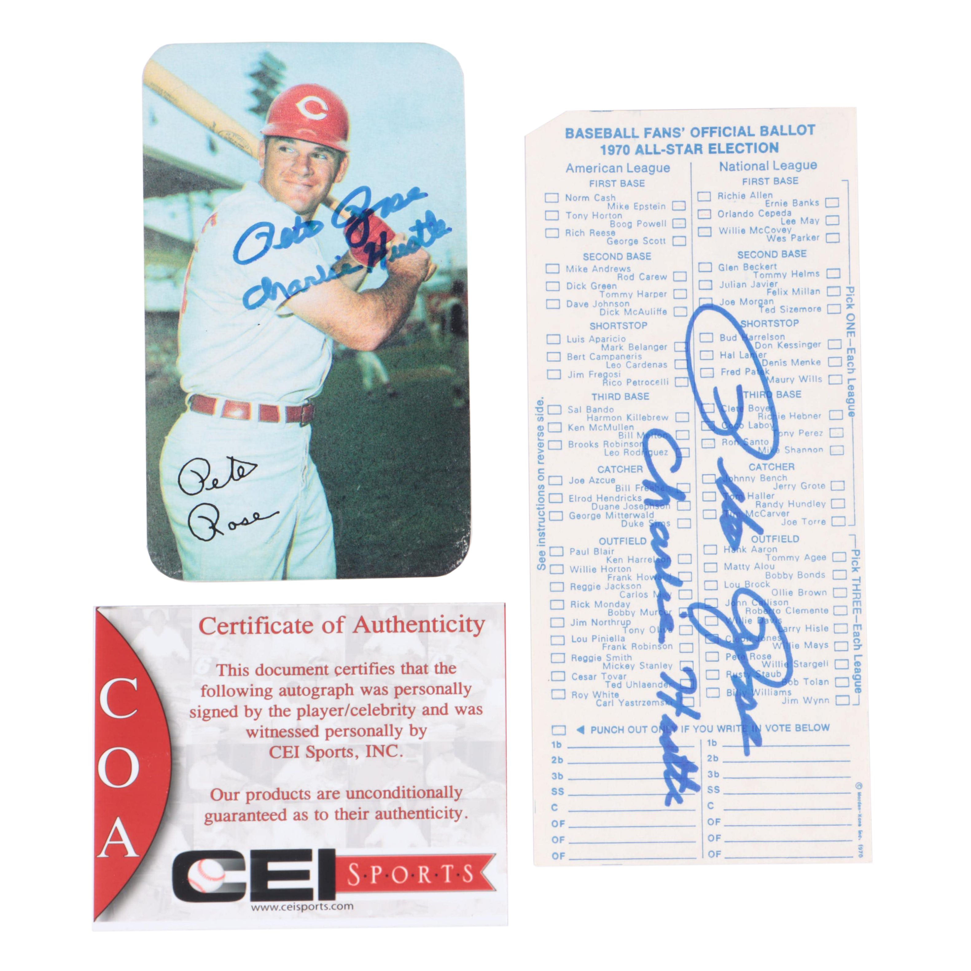 Pete Rose Signed Topps Super Baseball Card and 1970 All-Star Ballot