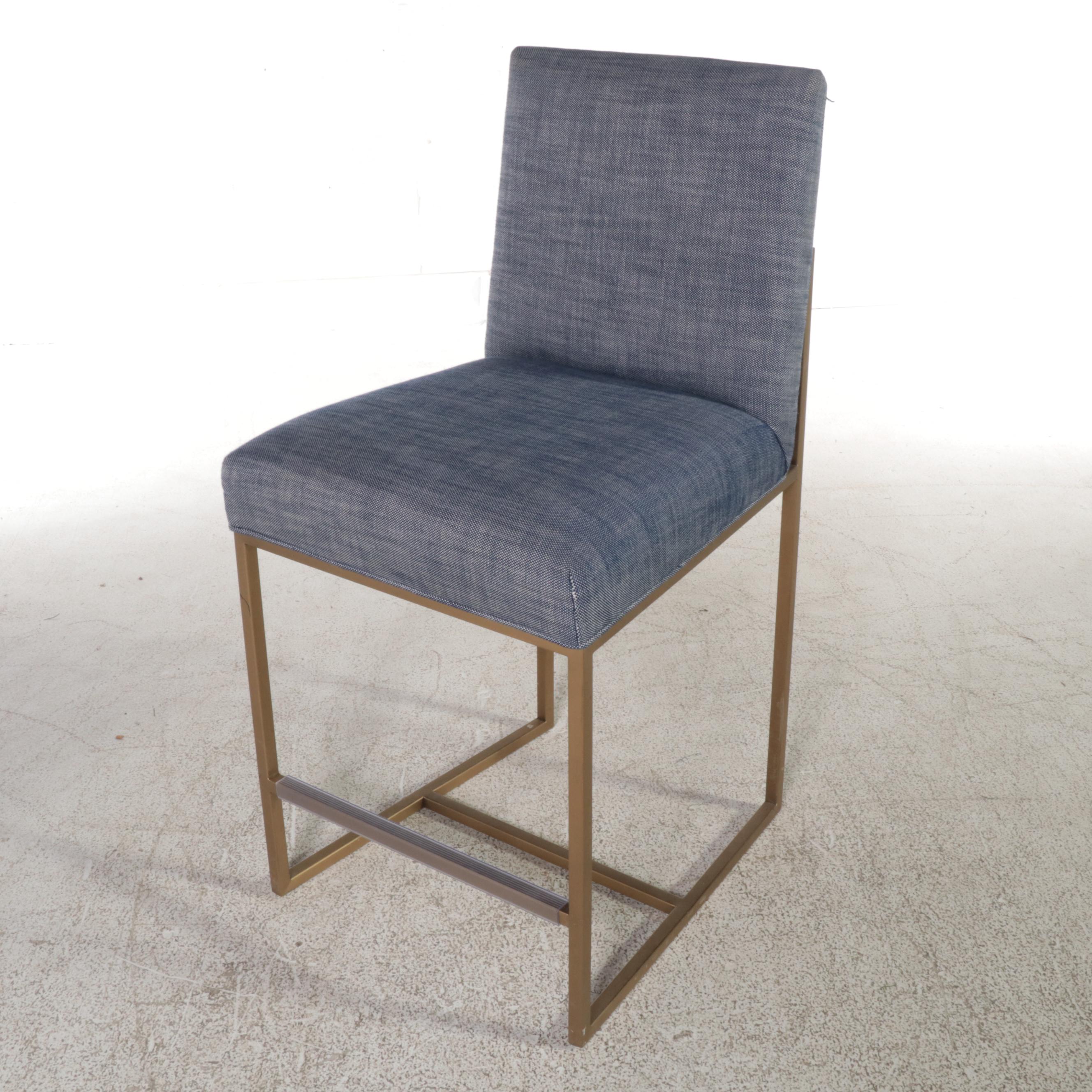 Three Restoration Hardware Brass-Patinated Metal and Linen Counter Stools