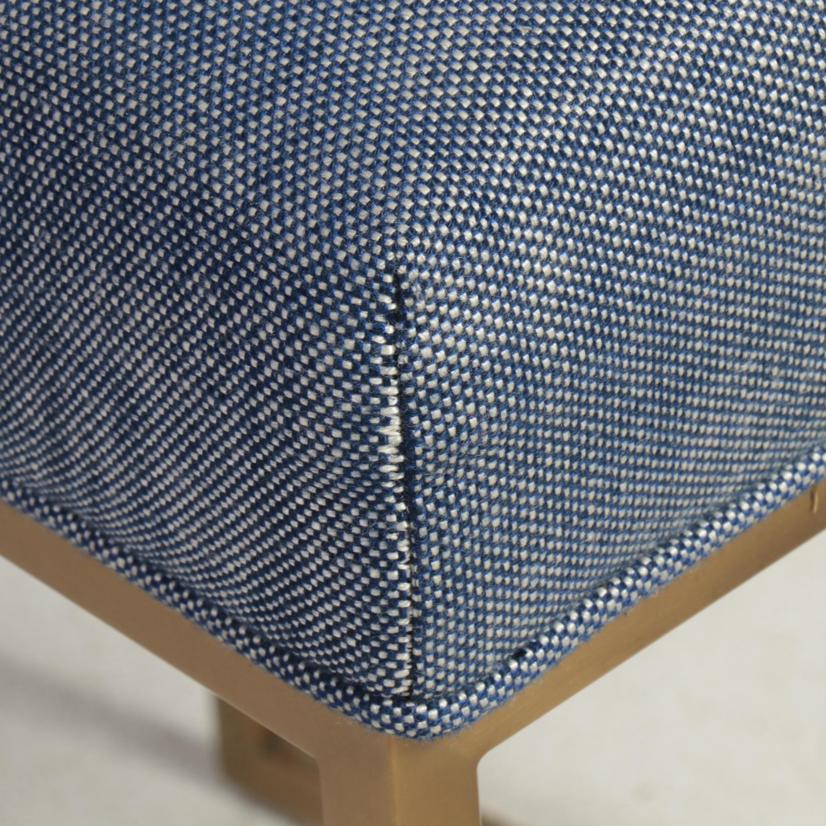 Three Restoration Hardware Brass-Patinated Metal and Linen Counter Stools