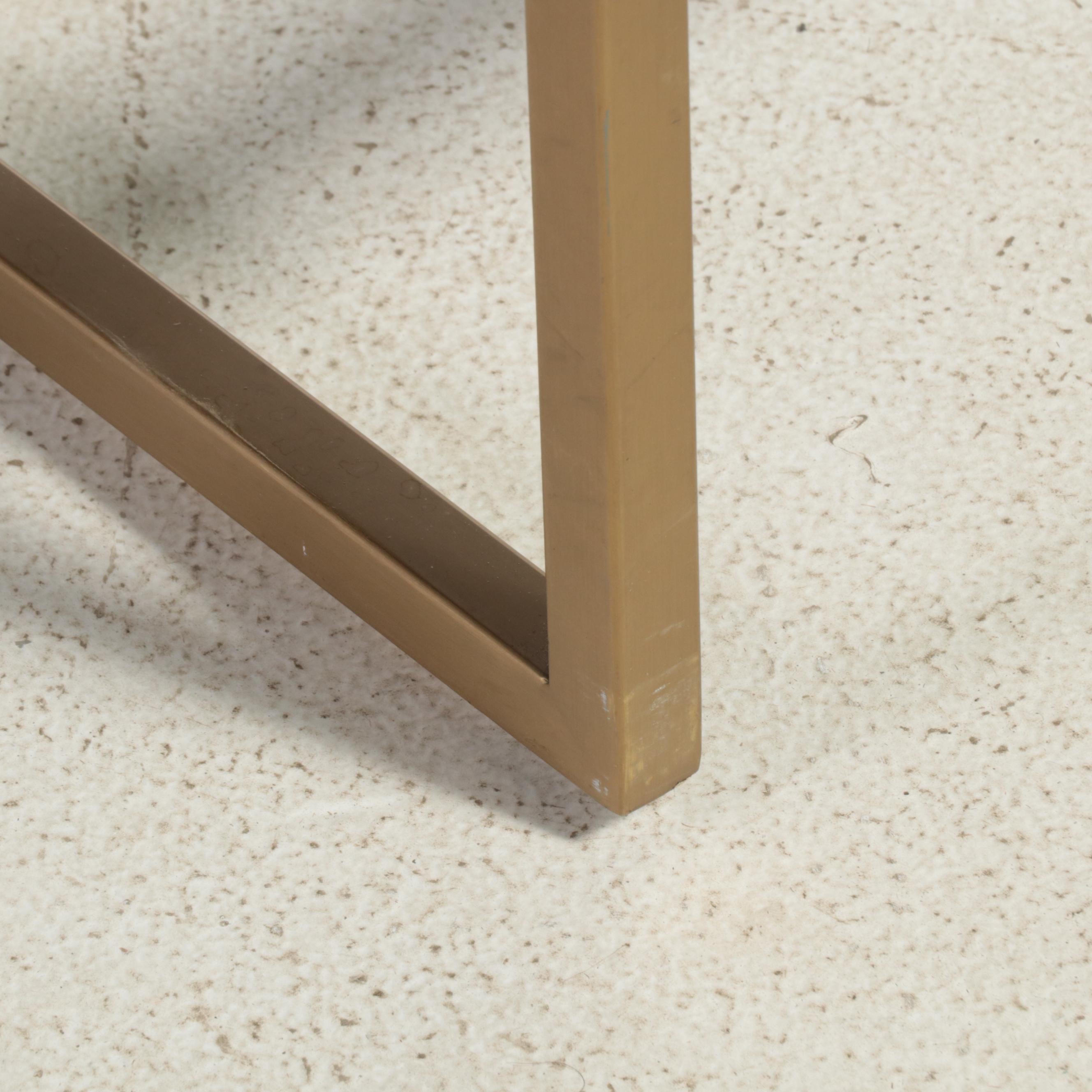 Three Restoration Hardware Brass-Patinated Metal and Linen Counter Stools