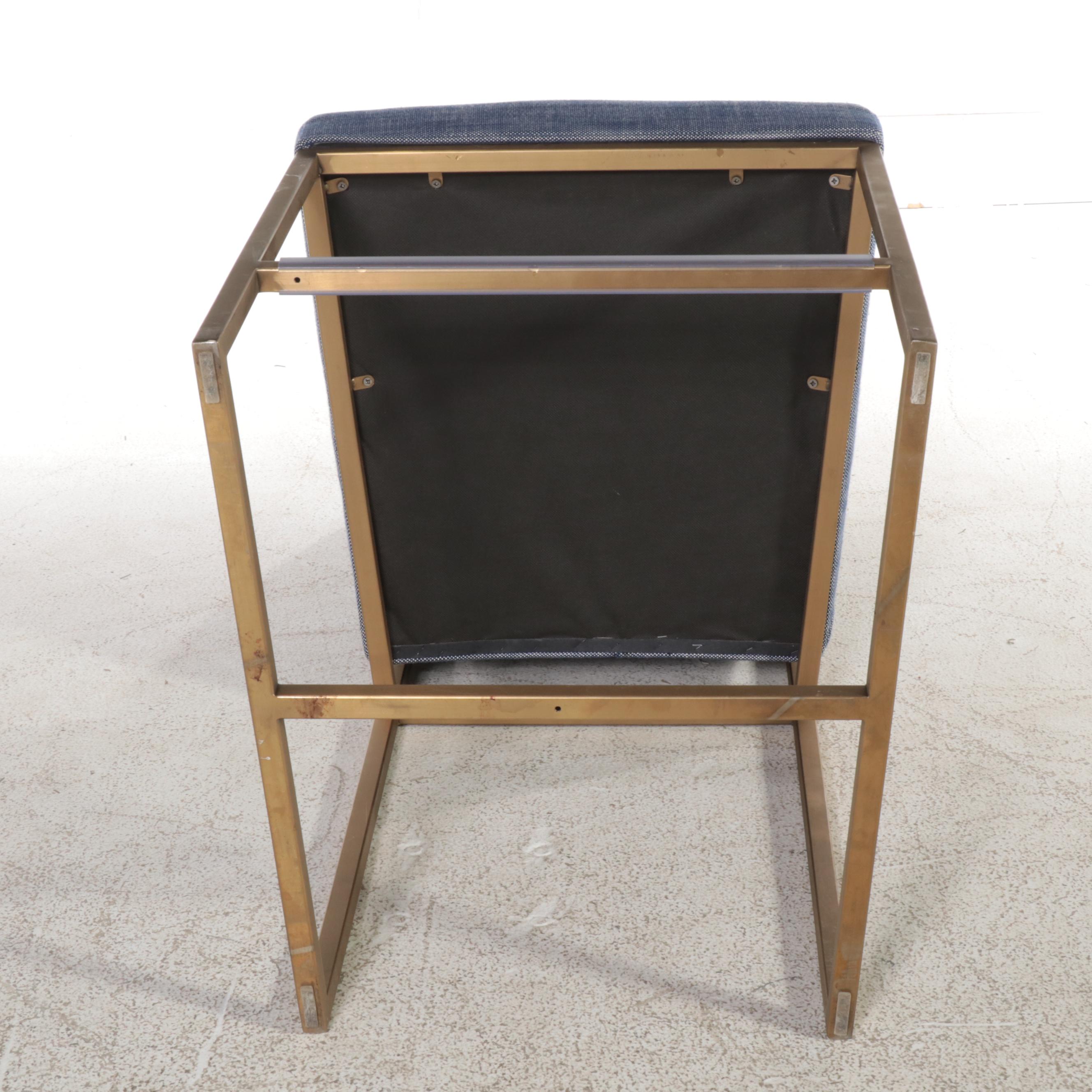 Three Restoration Hardware Brass-Patinated Metal and Linen Counter Stools