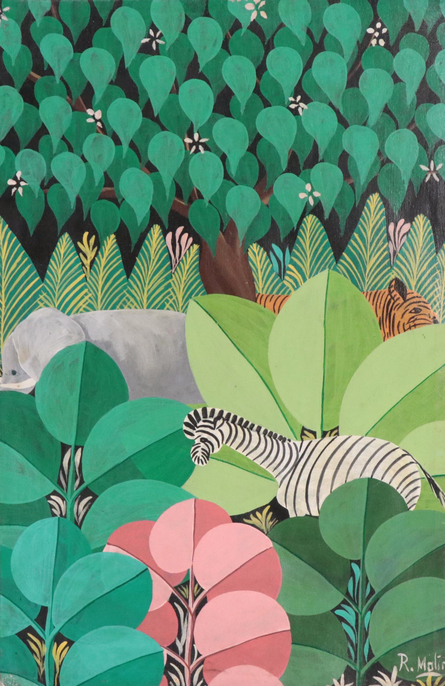 R. Molin Oil Paintings of Stylized Forests with Elephants, Zebras, and Tiger