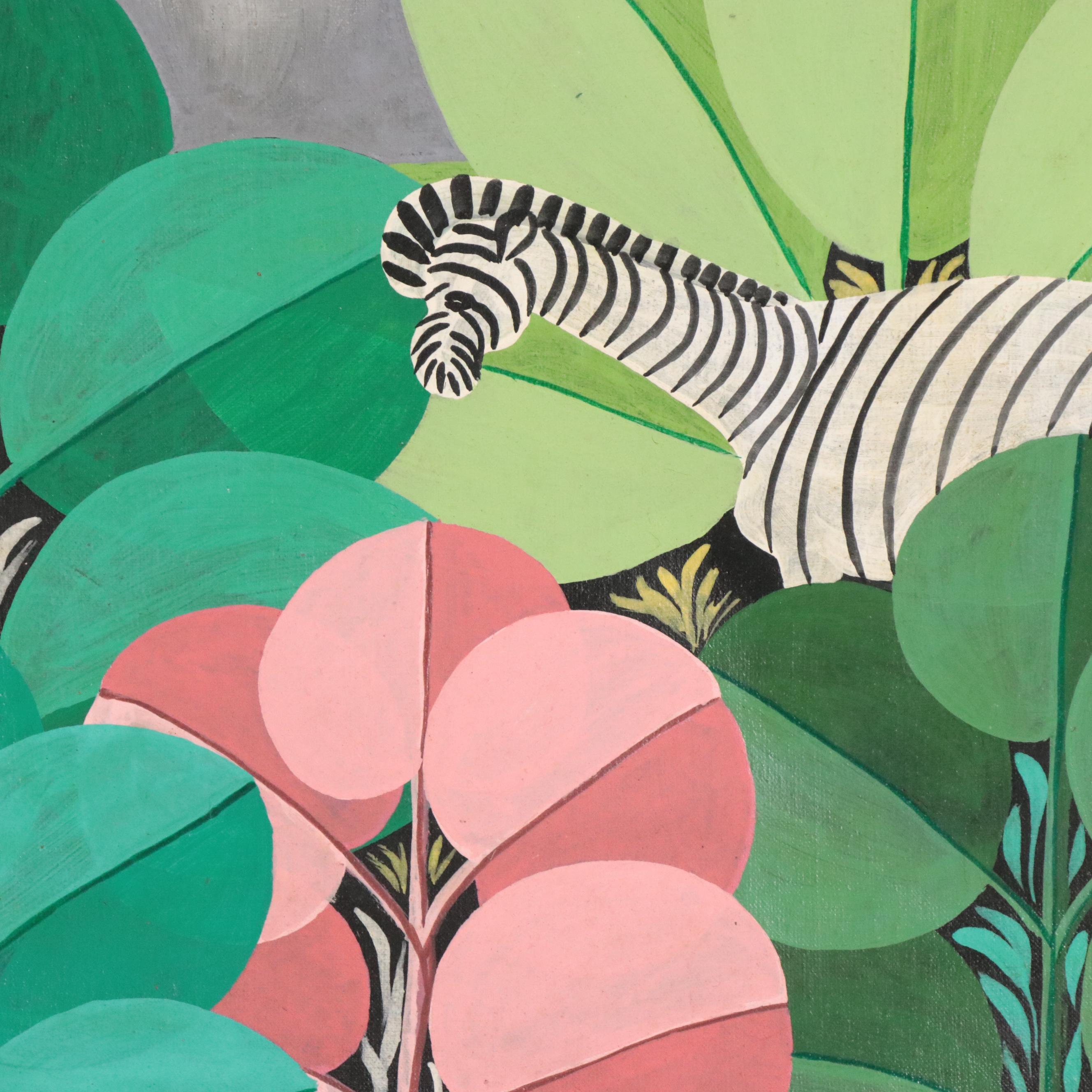 R. Molin Oil Paintings of Stylized Forests with Elephants, Zebras, and Tiger