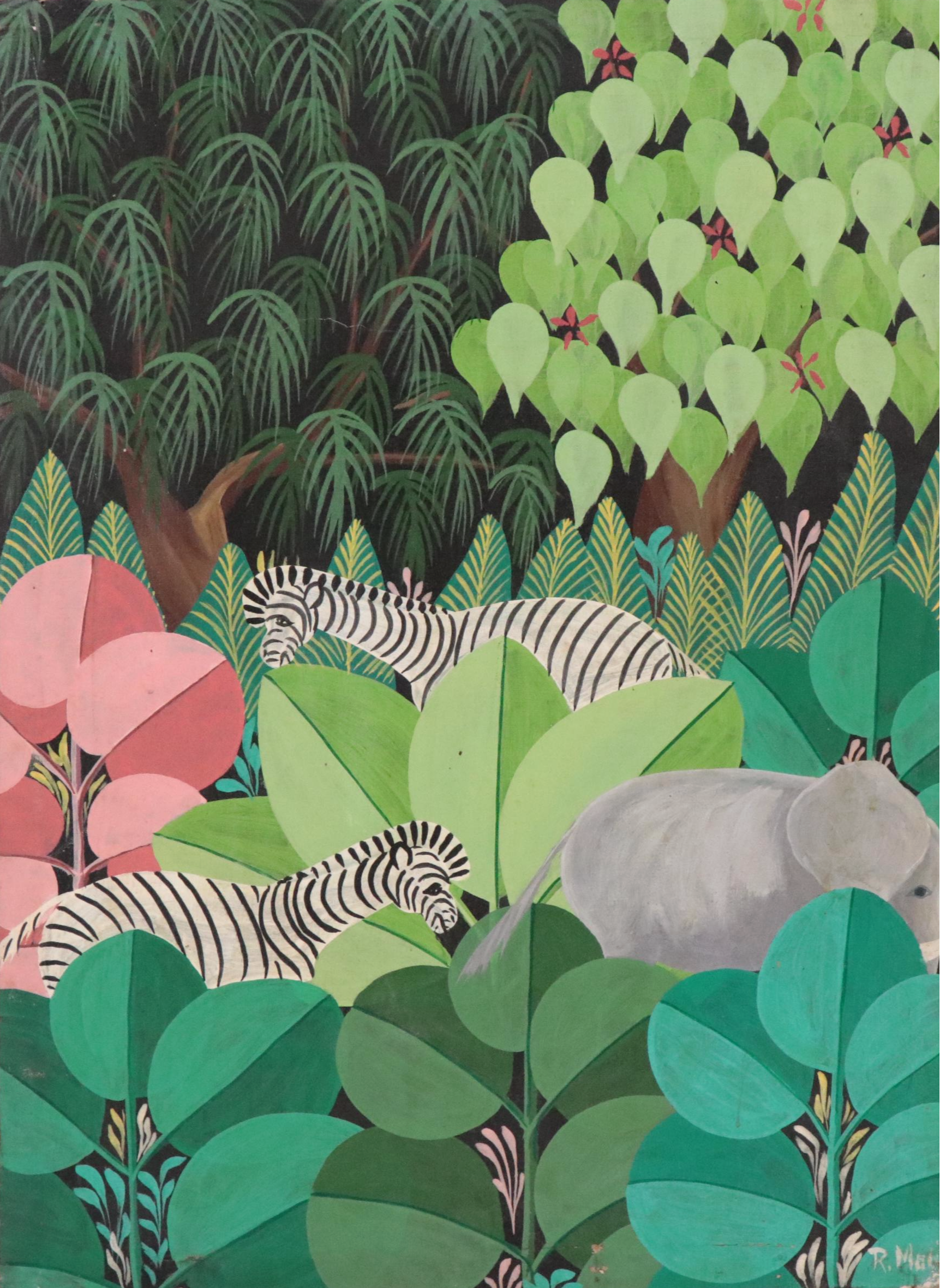 R. Molin Oil Paintings of Stylized Forests with Elephants, Zebras, and Tiger