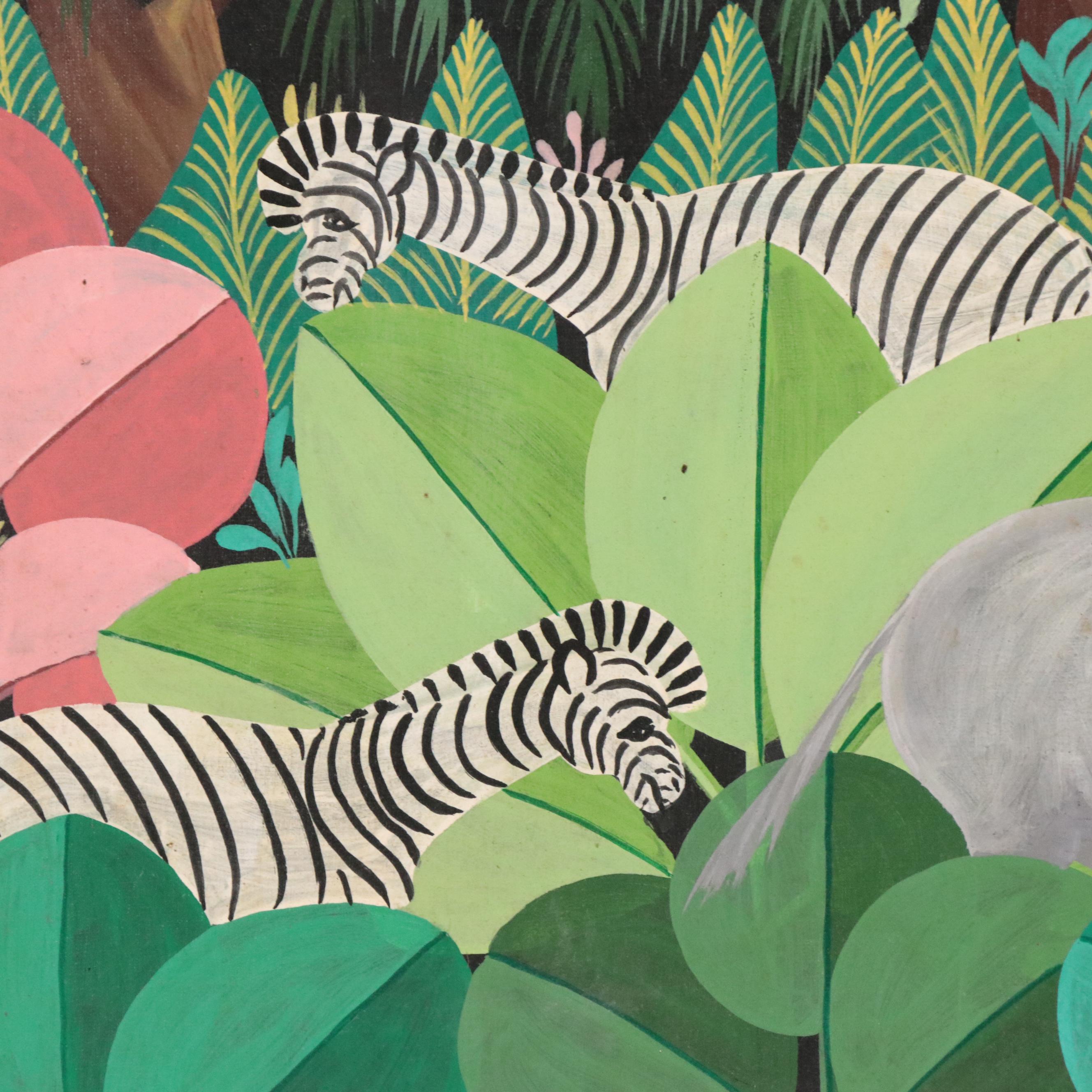 R. Molin Oil Paintings of Stylized Forests with Elephants, Zebras, and Tiger