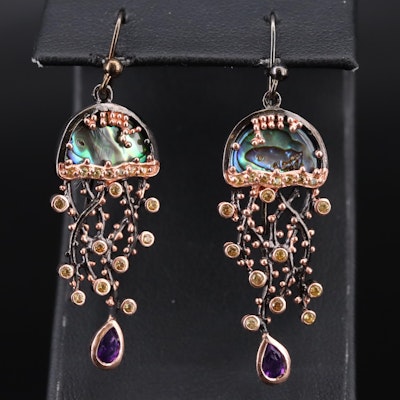 Sterling Abalone, Amethyst, and Sapphire Jellyfish Earrings