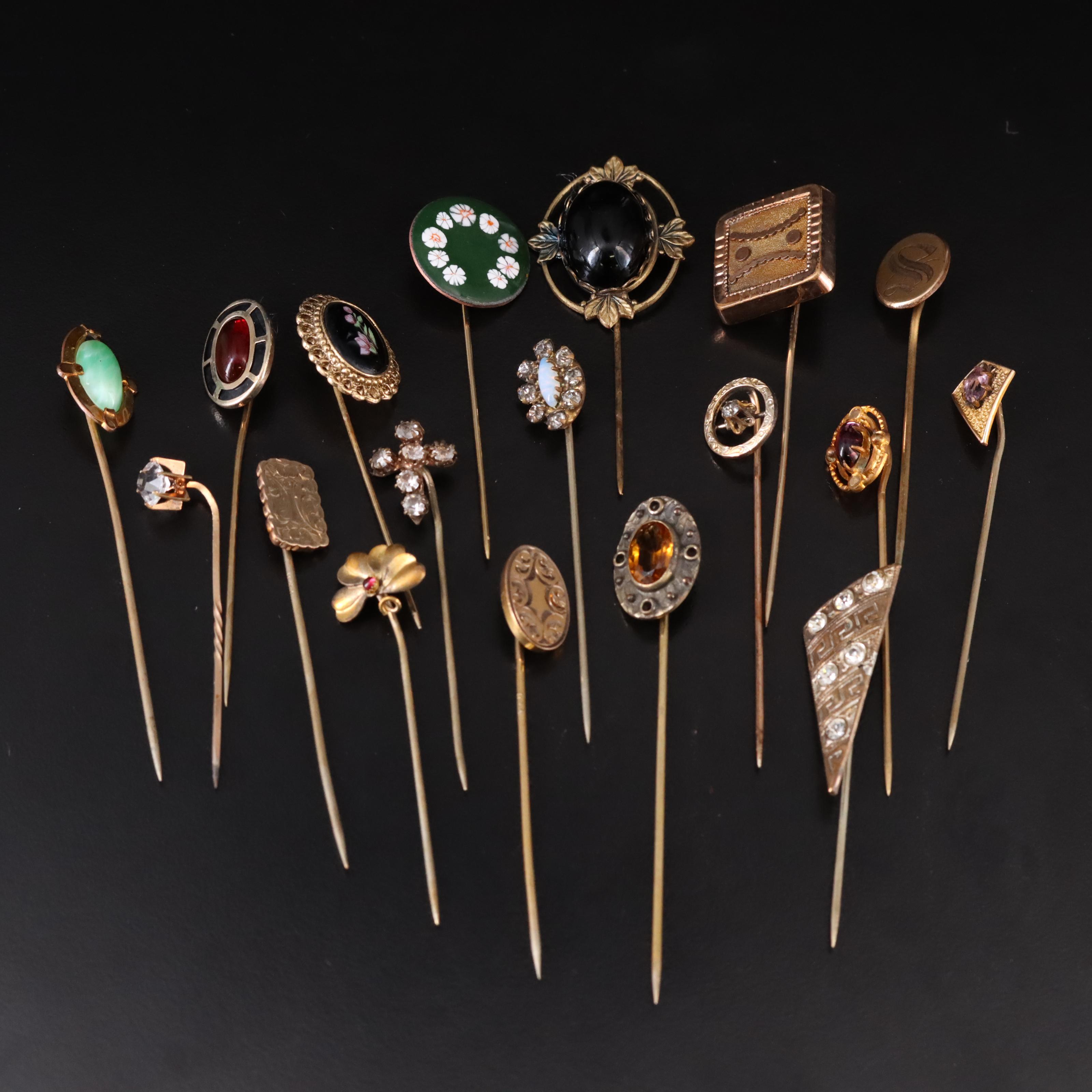 Antique And Vintage Stick Pins Including Rhinestone, Floral And Gold ...