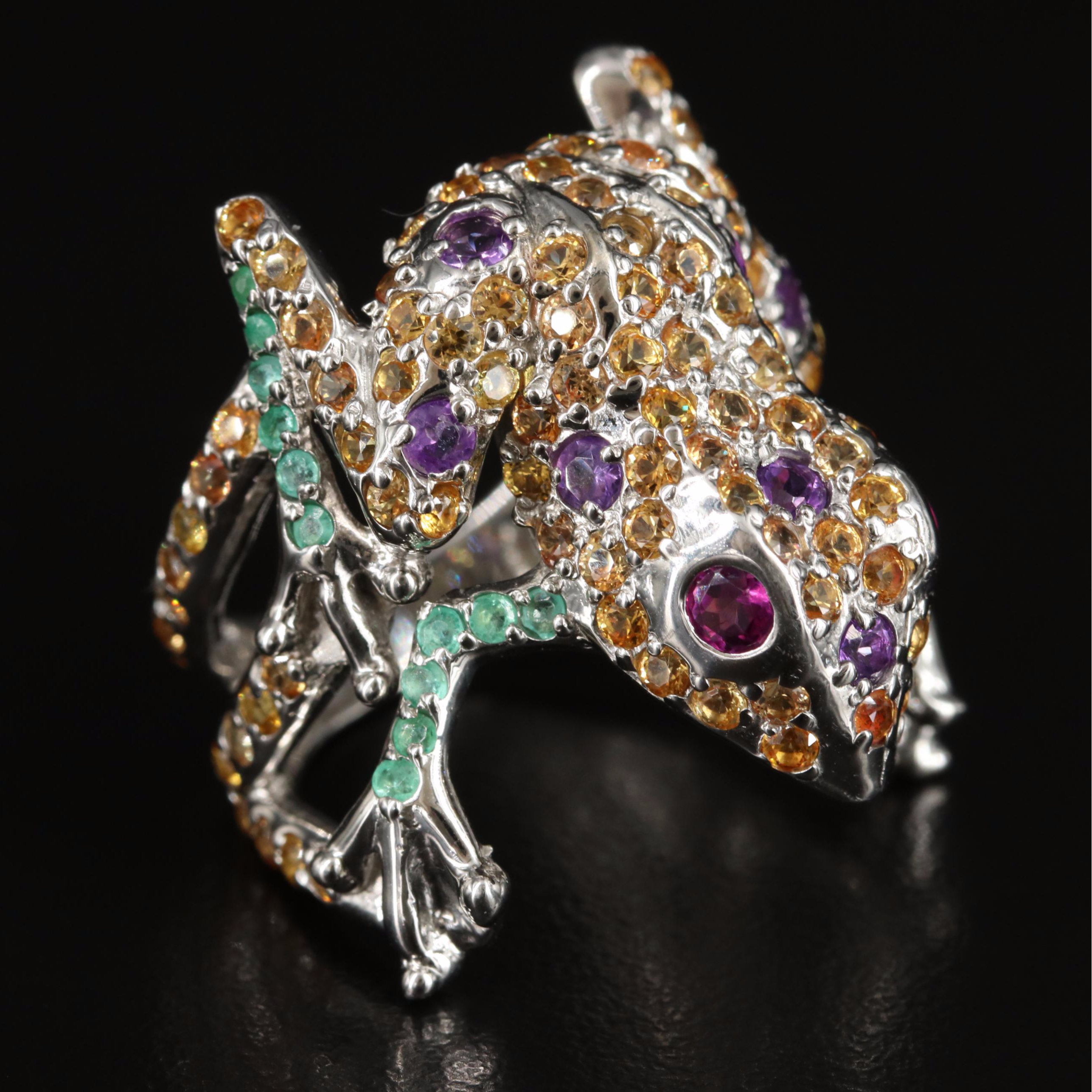 Sterling Emerald, Sapphire and Amethyst Frog Ring