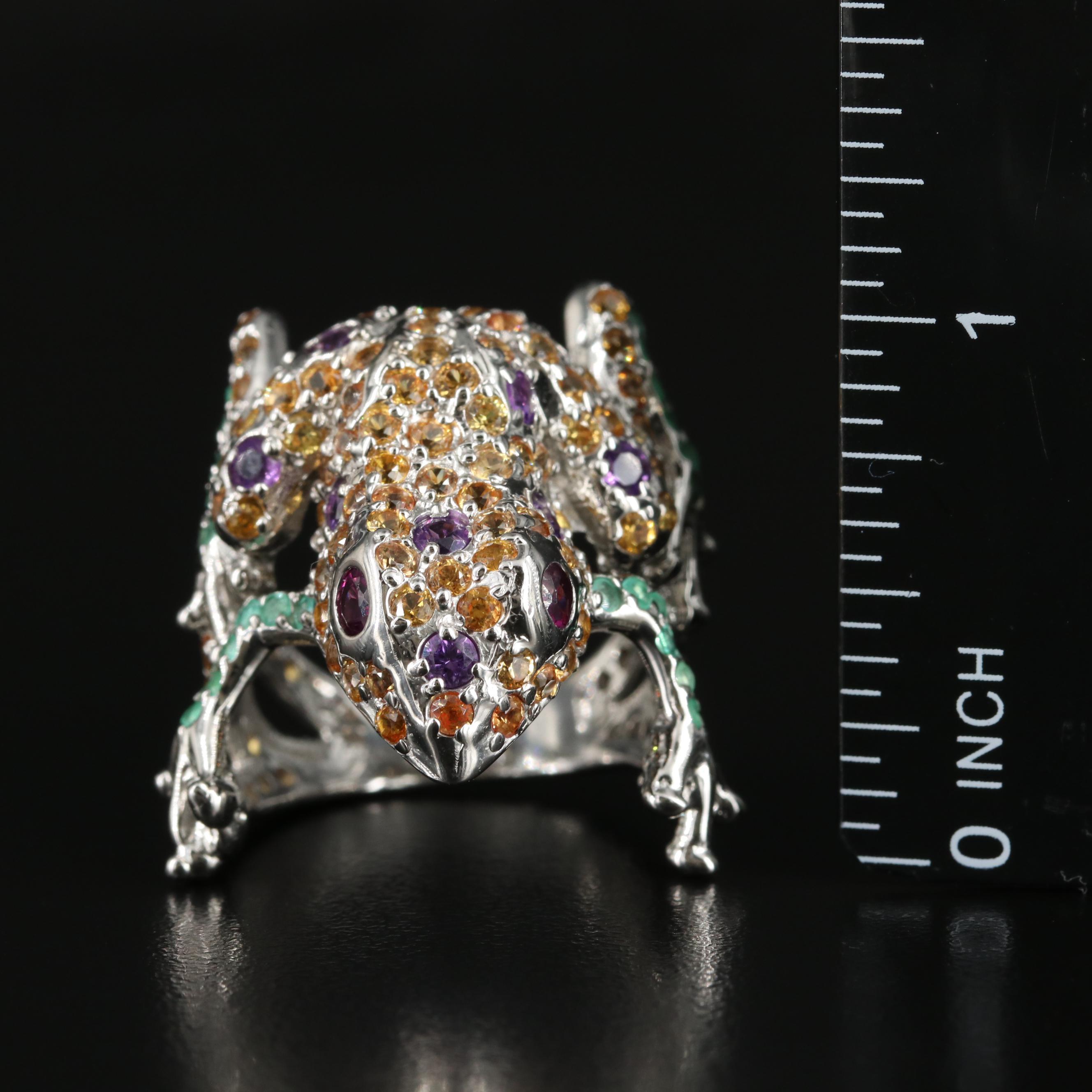 Sterling Emerald, Sapphire and Amethyst Frog Ring