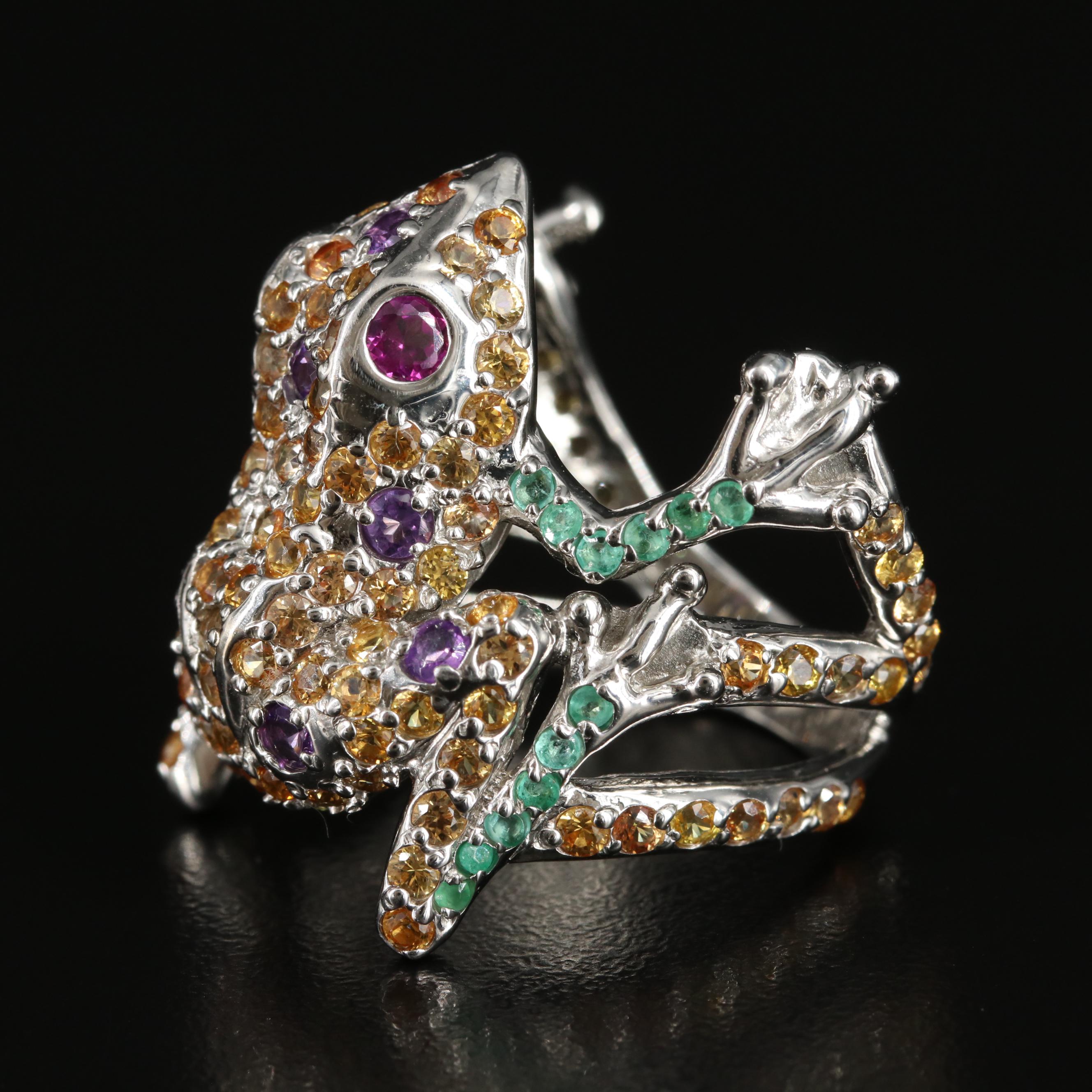 Sterling Emerald, Sapphire and Amethyst Frog Ring