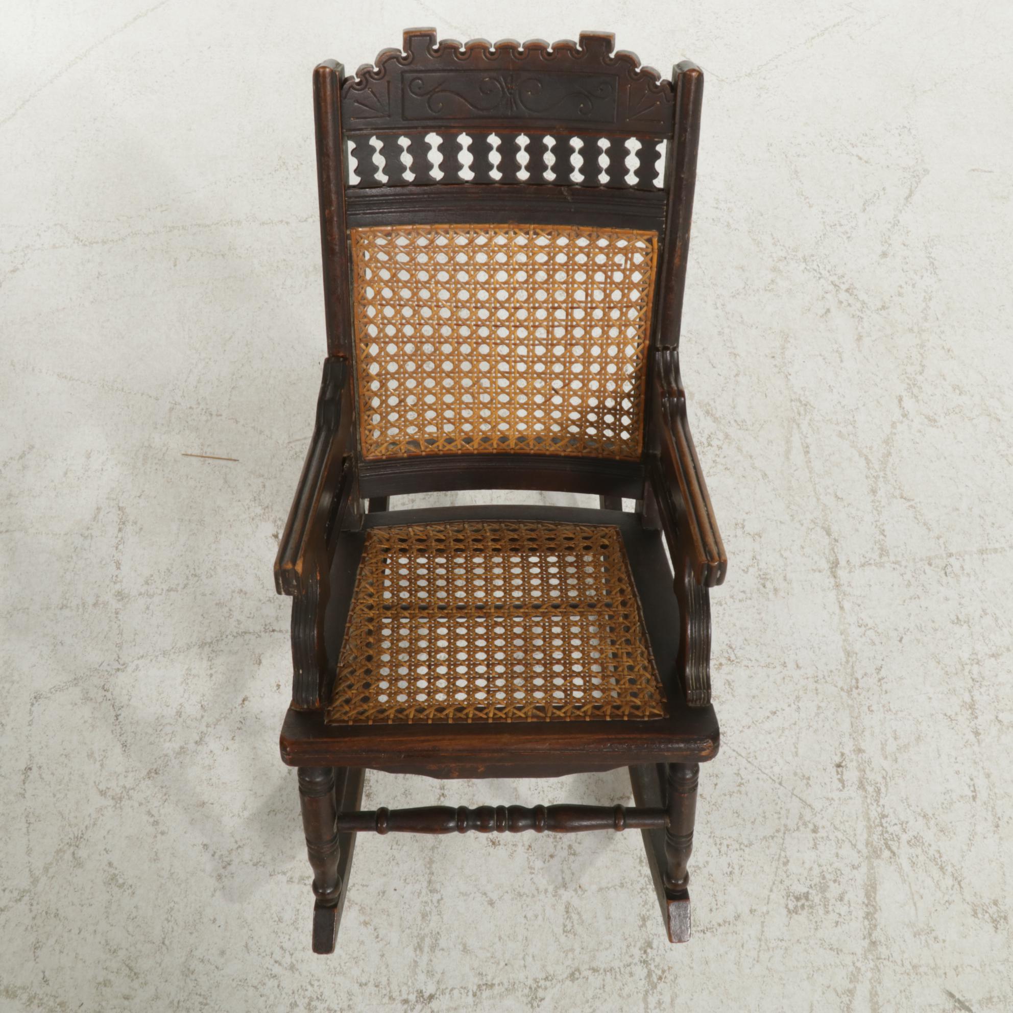 Victorian Child-Size Walnut Rocking Chair with Woven Cane Seating