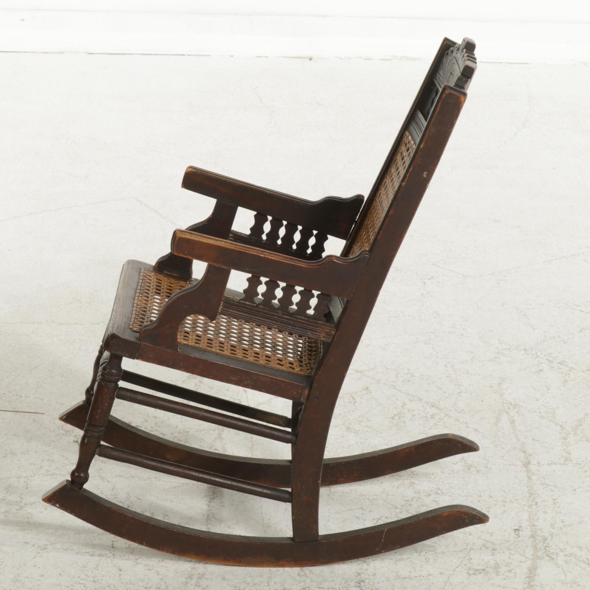 Victorian Child-Size Walnut Rocking Chair with Woven Cane Seating