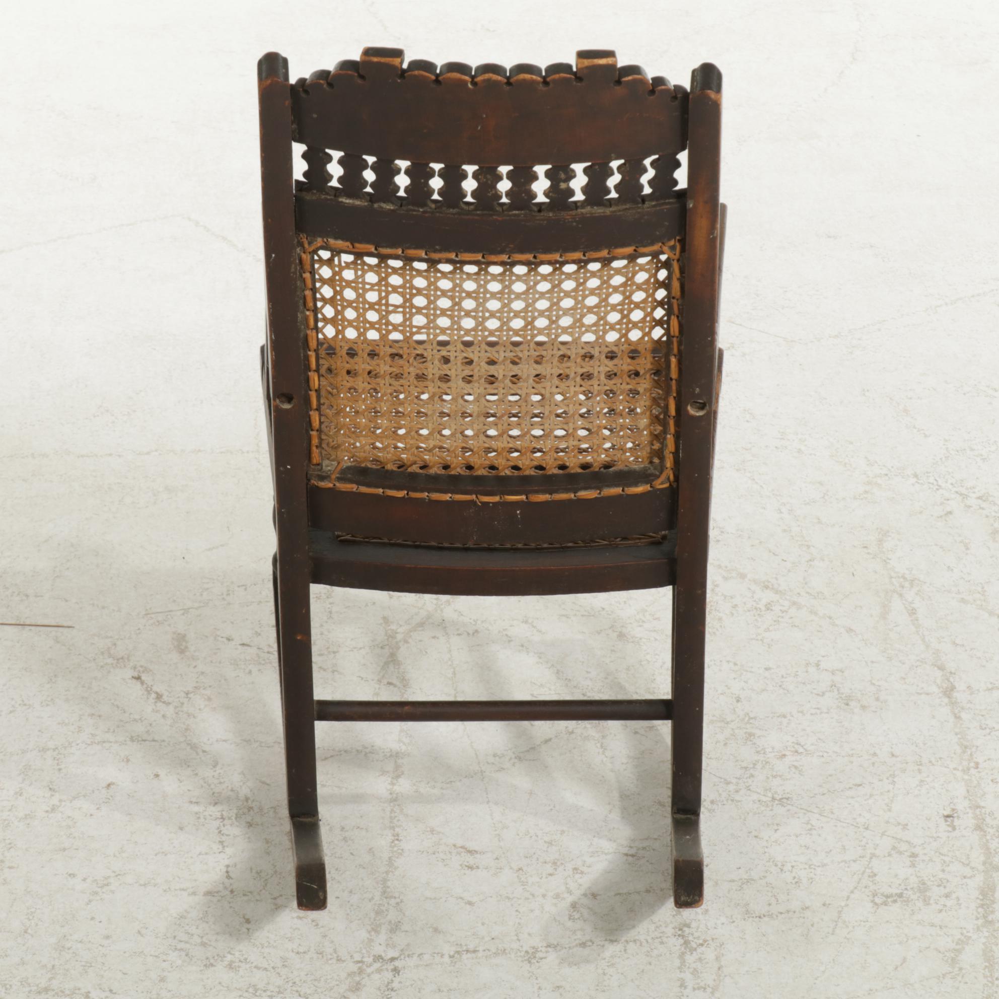 Victorian Child-Size Walnut Rocking Chair with Woven Cane Seating