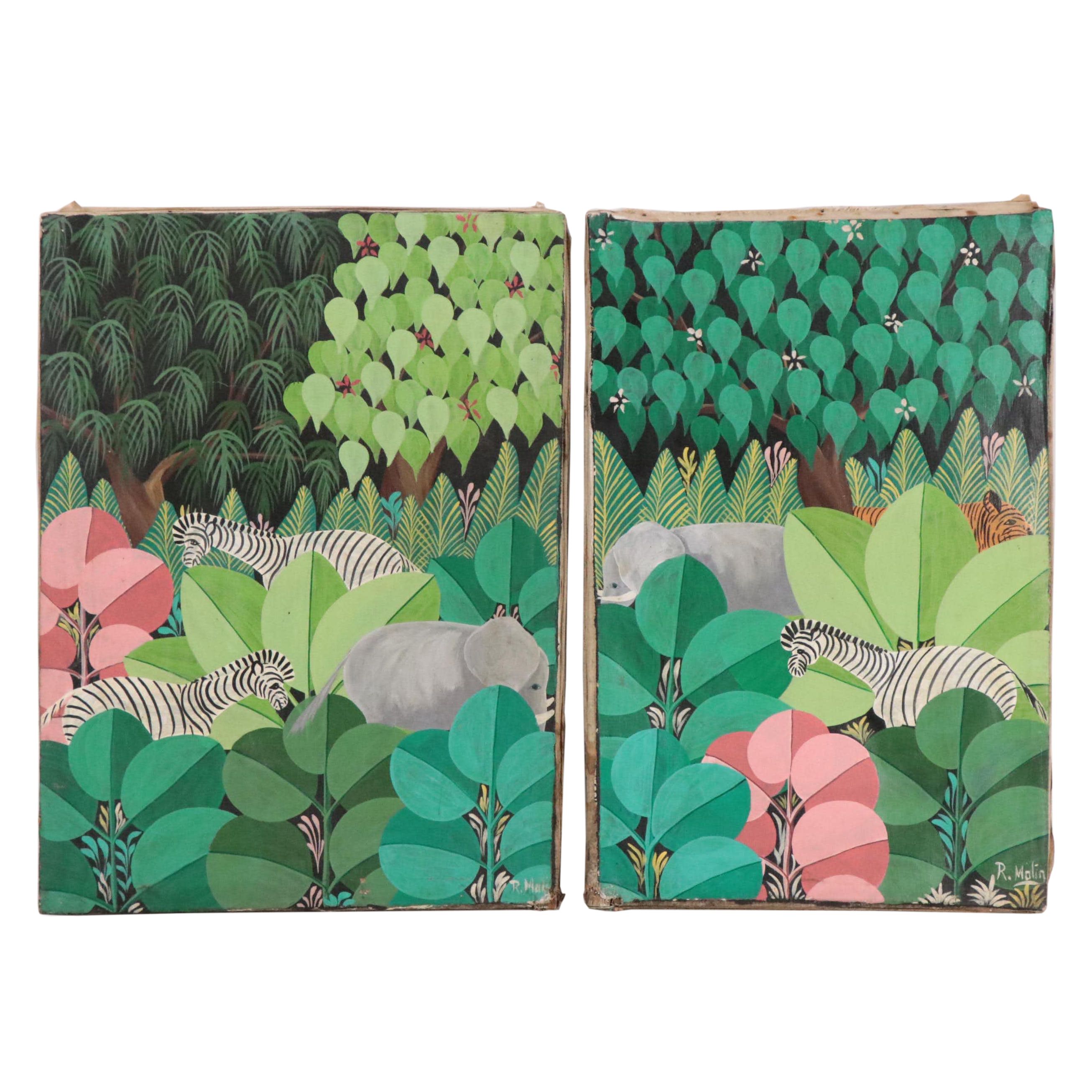 R. Molin Oil Paintings of Stylized Forests with Elephants, Zebras, and Tiger