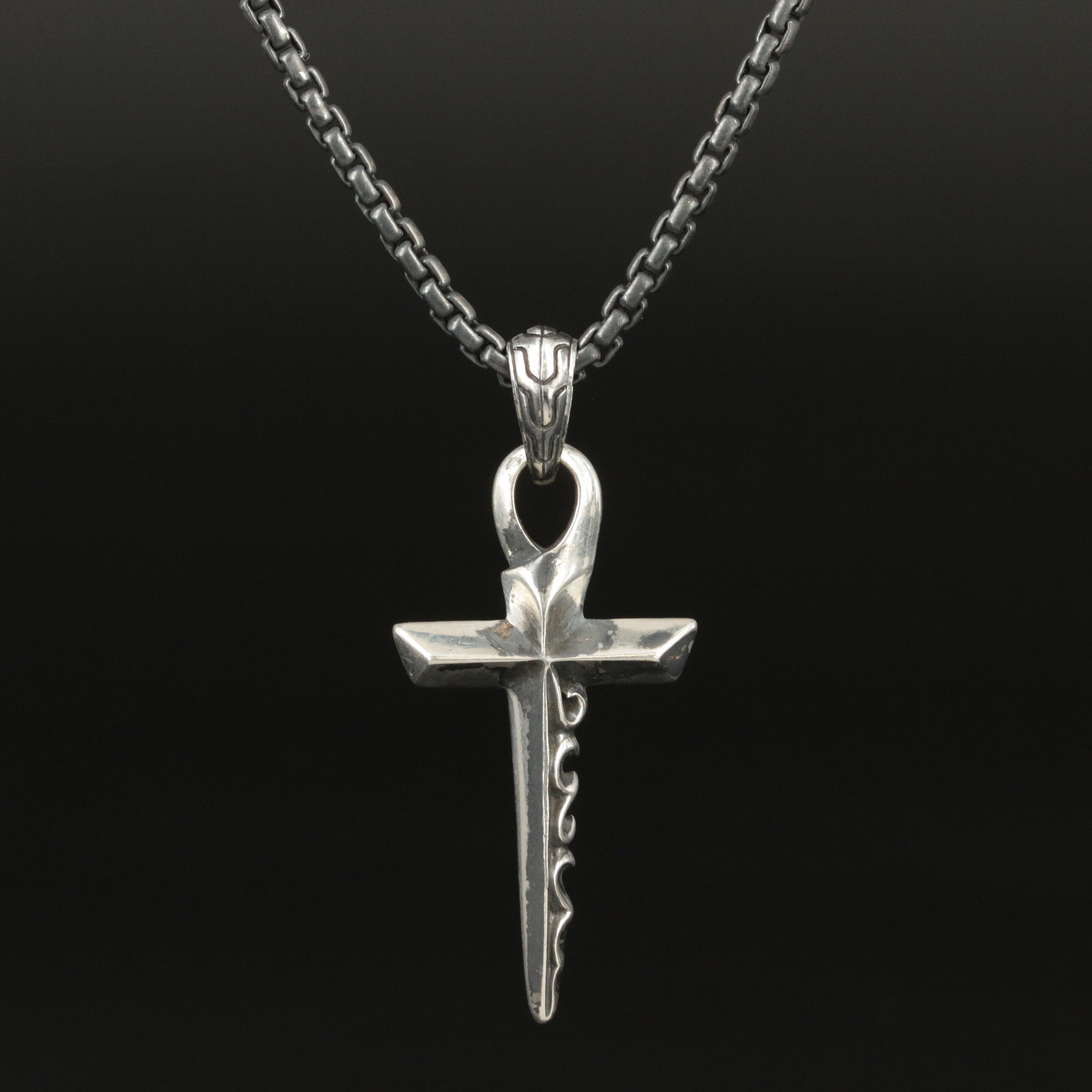 John Hardy "Keris" Sterling Dagger Cross on Darkened Chain