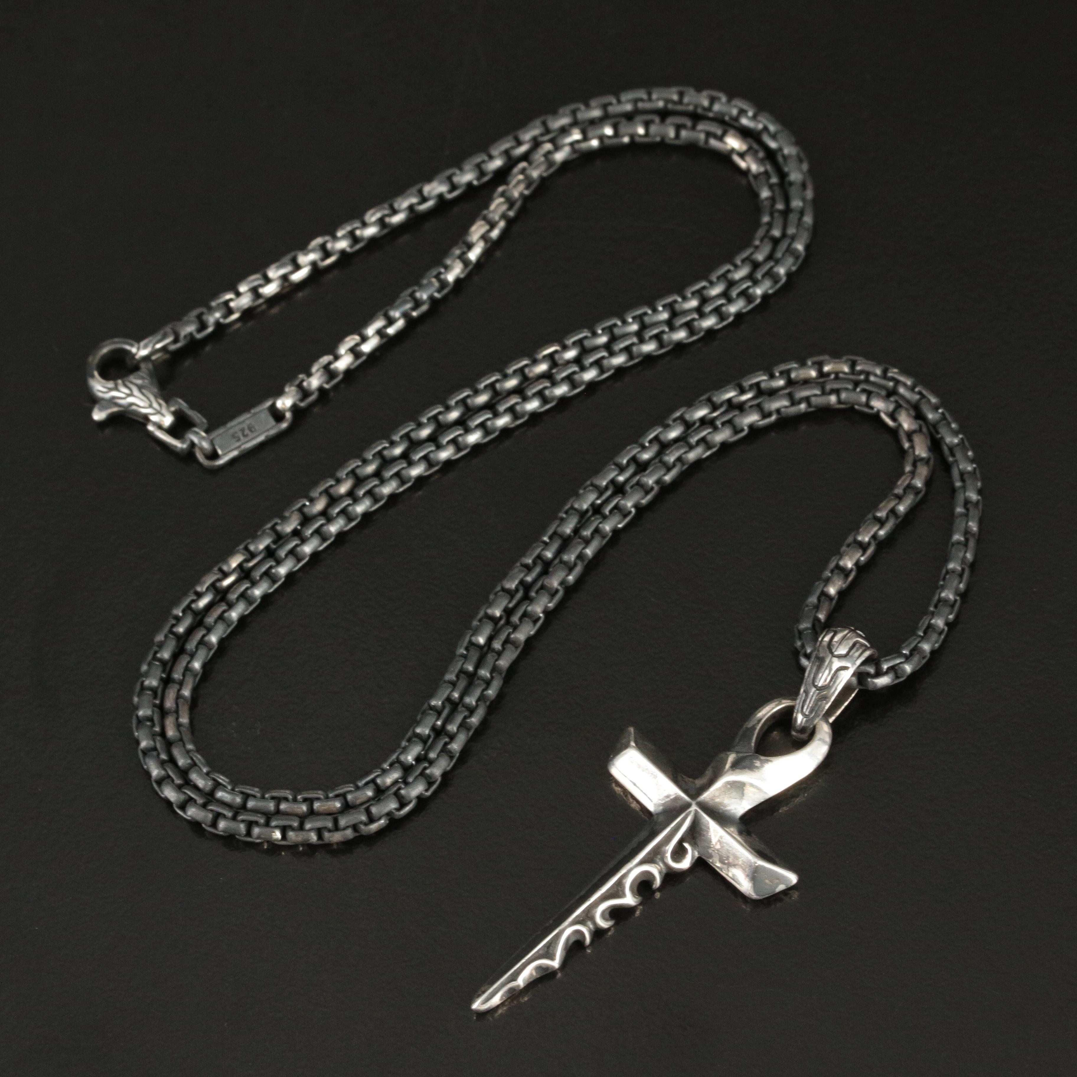 John Hardy "Keris" Sterling Dagger Cross on Darkened Chain