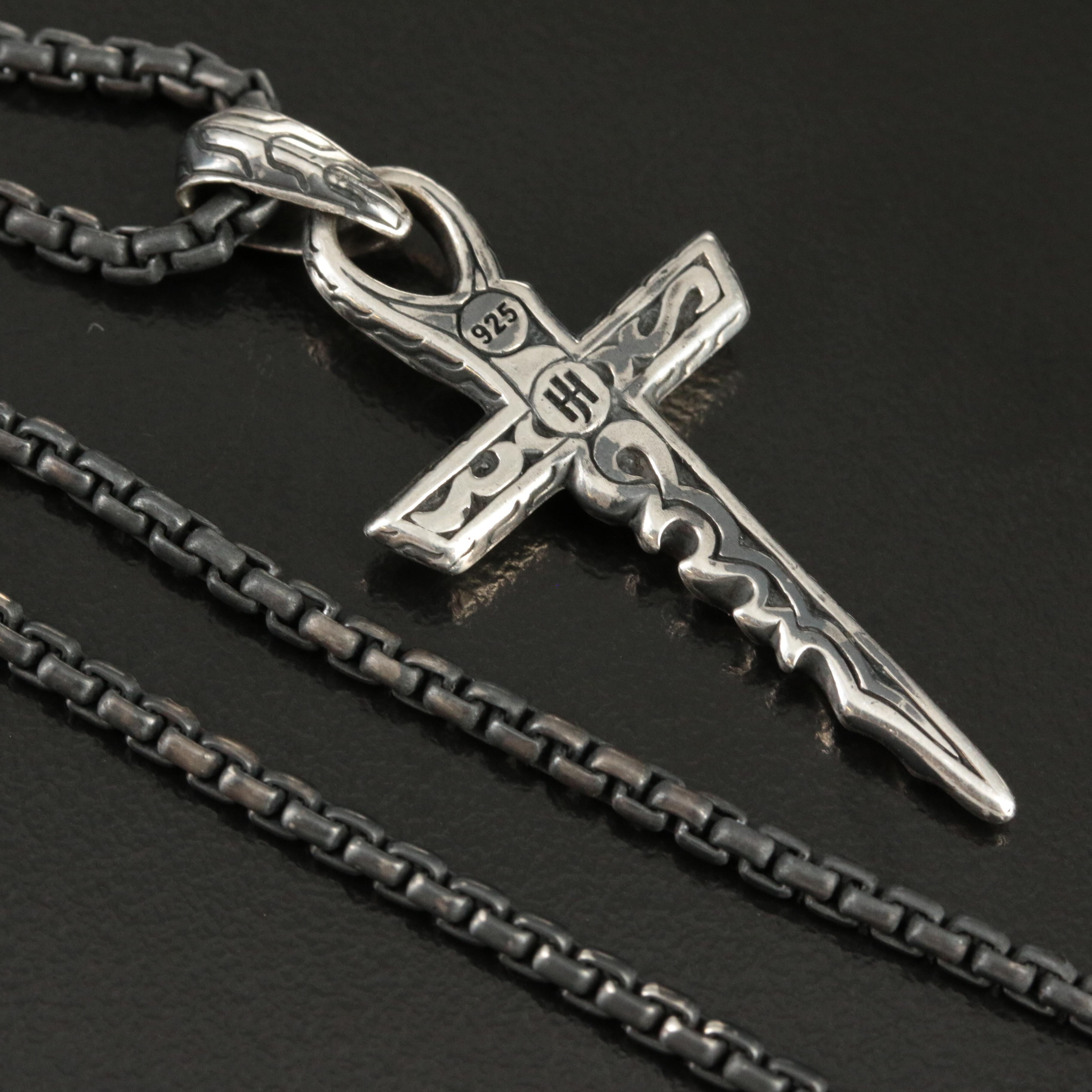 John Hardy "Keris" Sterling Dagger Cross on Darkened Chain