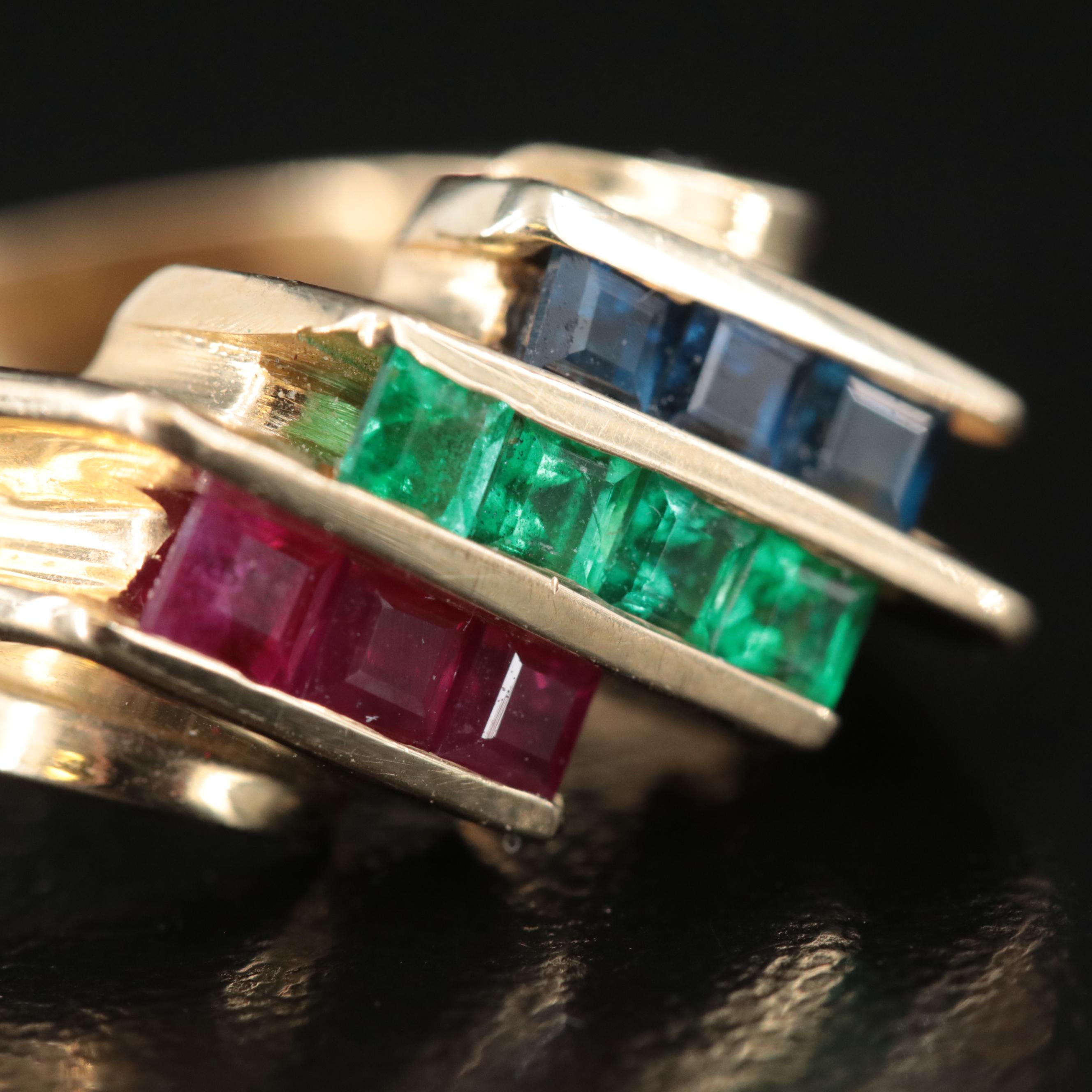 14K Ruby, Emerald and Sapphire Channel Ring