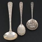 S. Kirk & Son "Repoussé" Sterling Silver Berry Spoon, Sugar Shell and Ladle