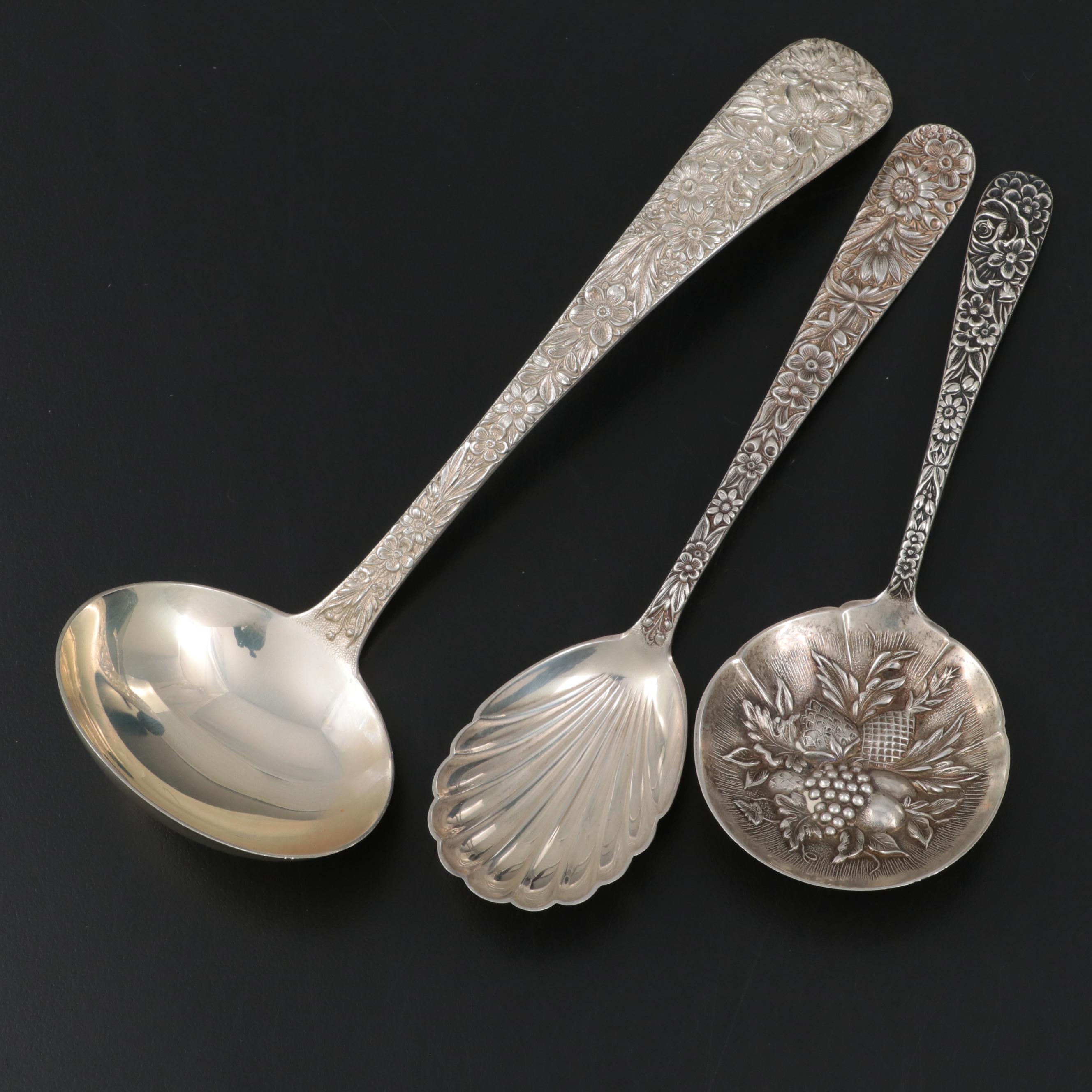 S. Kirk & Son "Repoussé" Sterling Silver Berry Spoon, Sugar Shell and Ladle