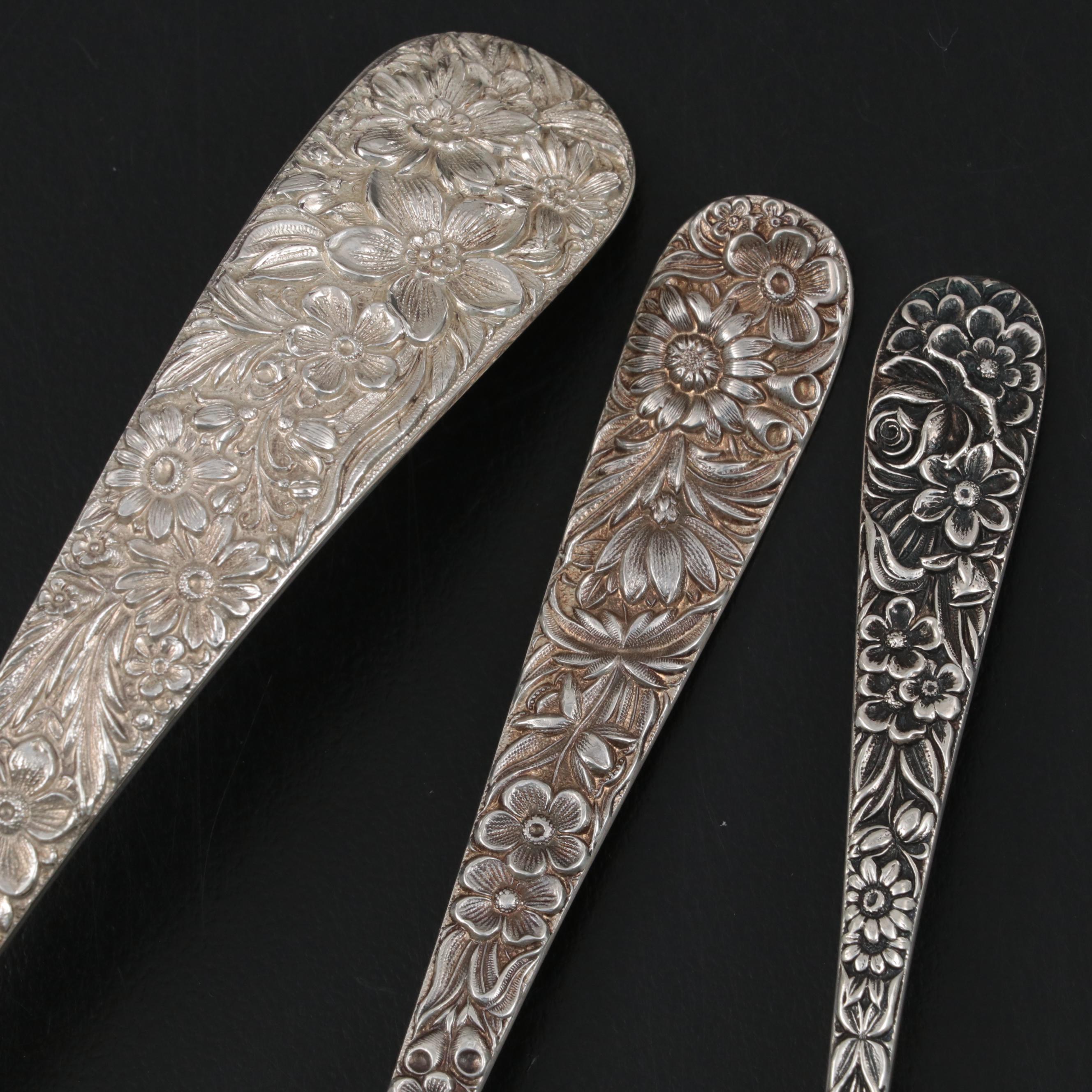 S. Kirk & Son "Repoussé" Sterling Silver Berry Spoon, Sugar Shell and Ladle