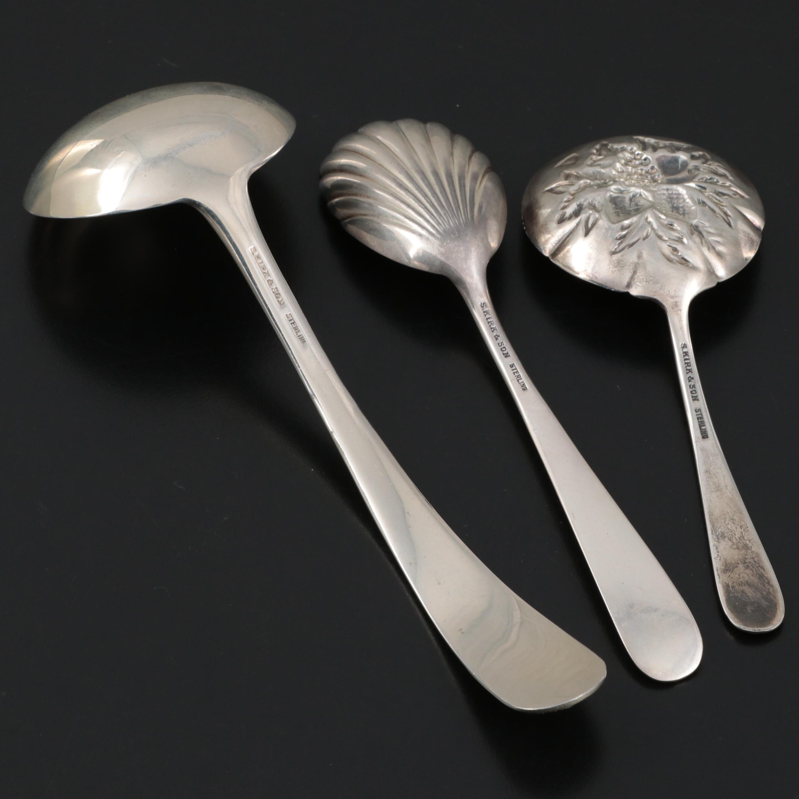 S. Kirk & Son "Repoussé" Sterling Silver Berry Spoon, Sugar Shell and Ladle