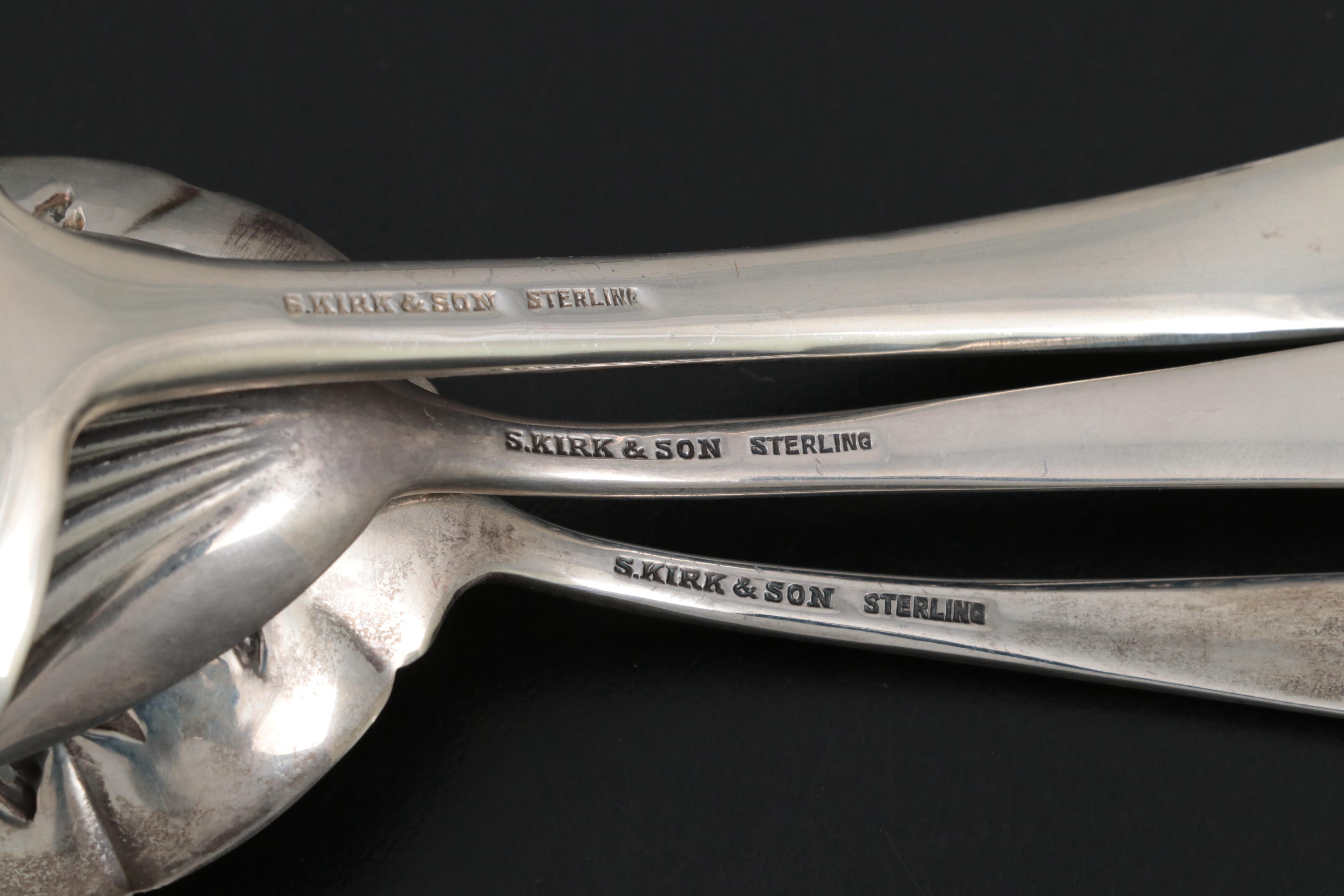 S. Kirk & Son "Repoussé" Sterling Silver Berry Spoon, Sugar Shell and Ladle