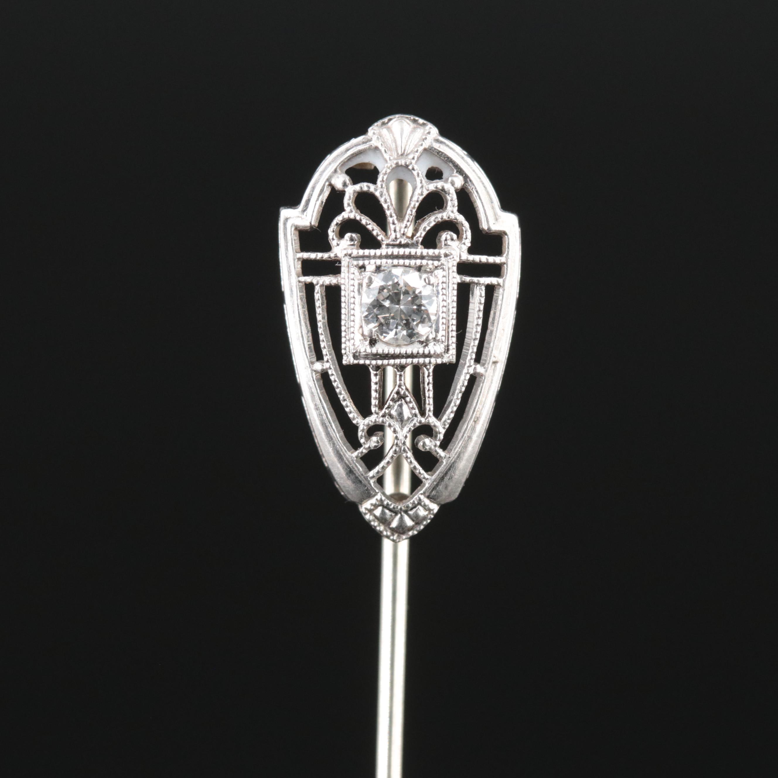 Edwardian Platinum and 14K 0.15 CT Diamond Stick Pin