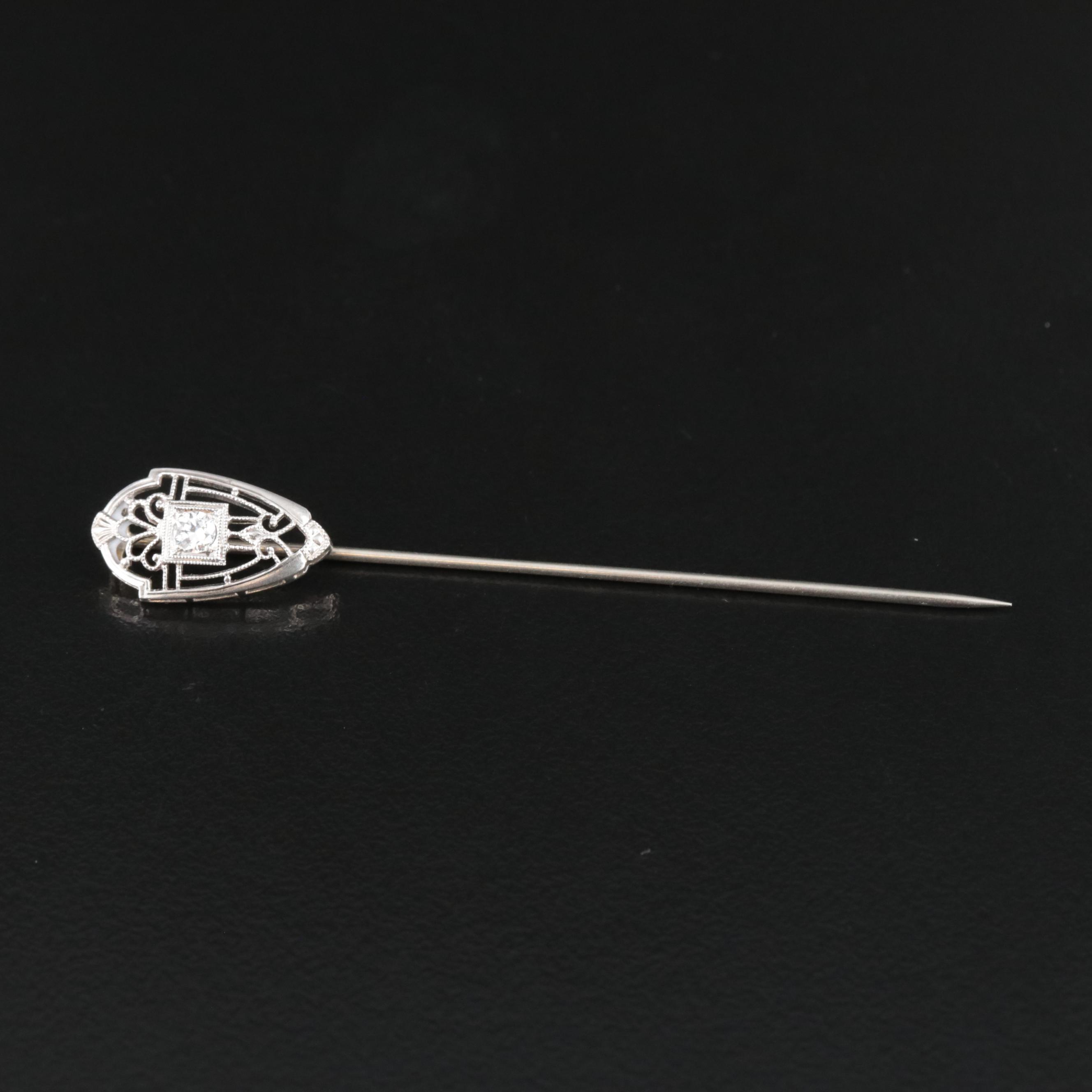 Edwardian Platinum and 14K 0.15 CT Diamond Stick Pin