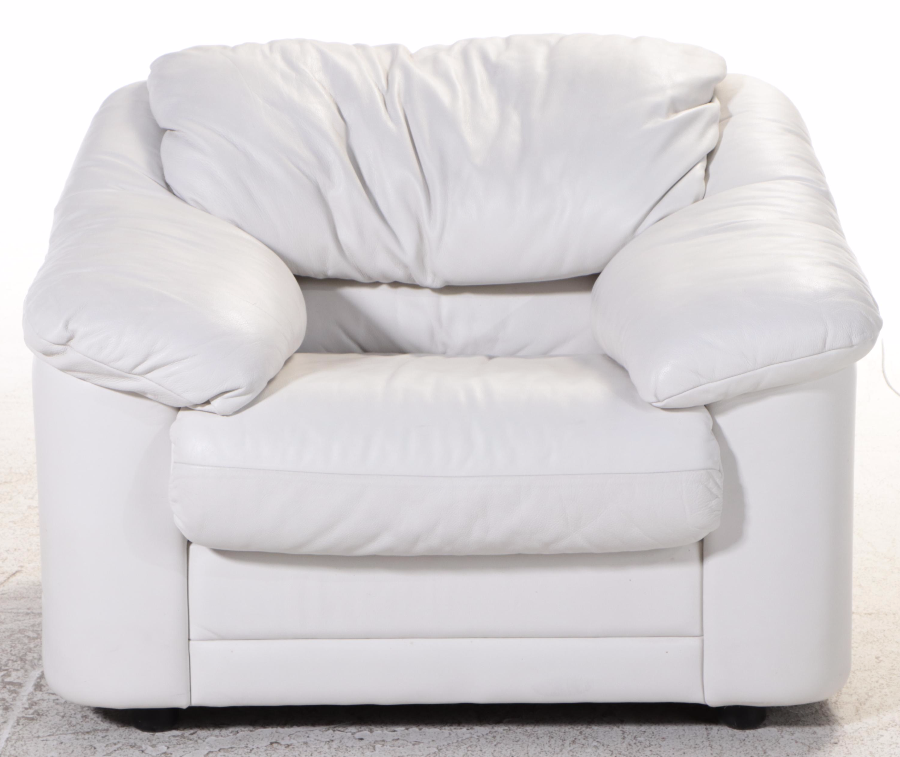 1/4 Italian White Leather Easy Armchair with Ottoman