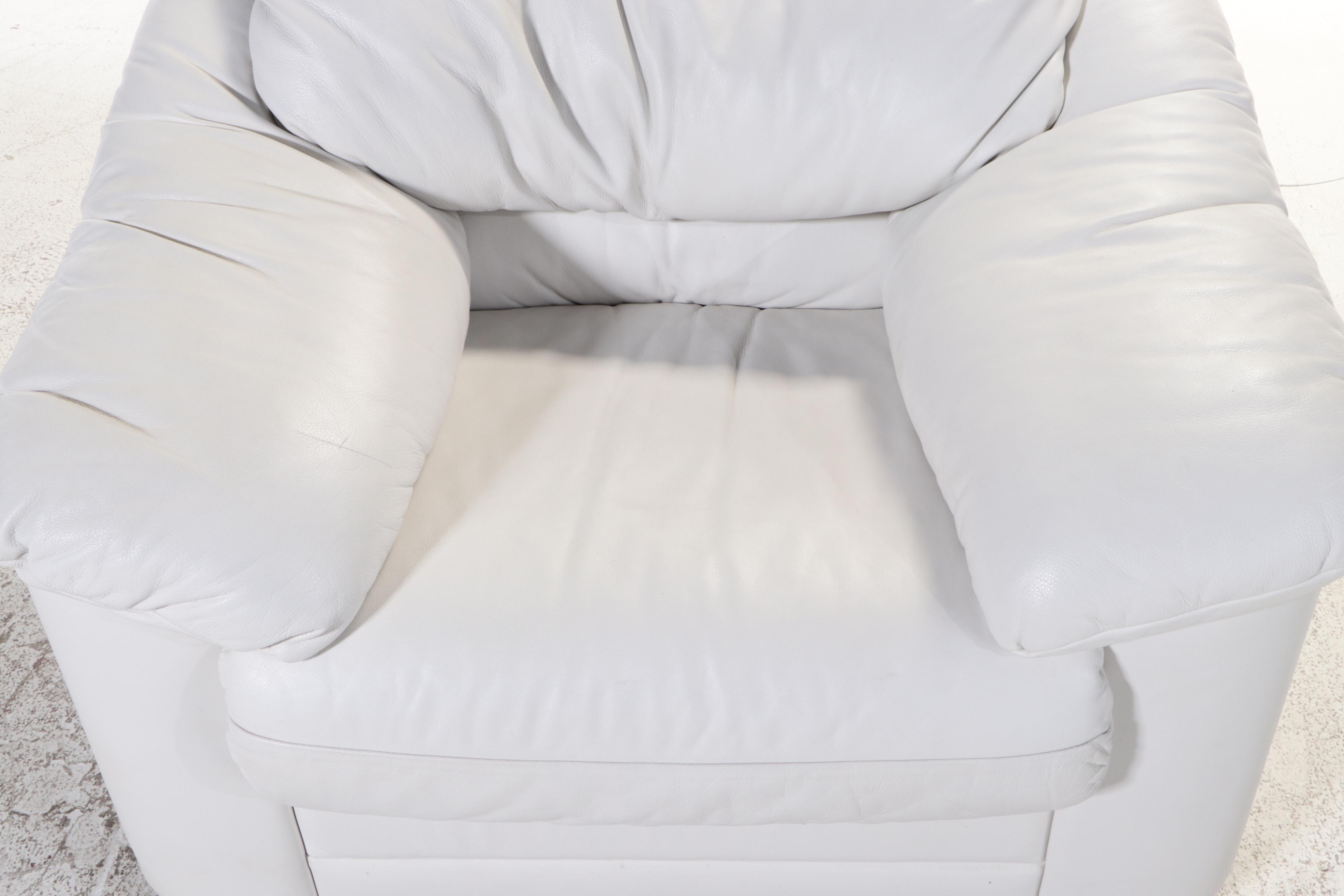 1/4 Italian White Leather Easy Armchair with Ottoman
