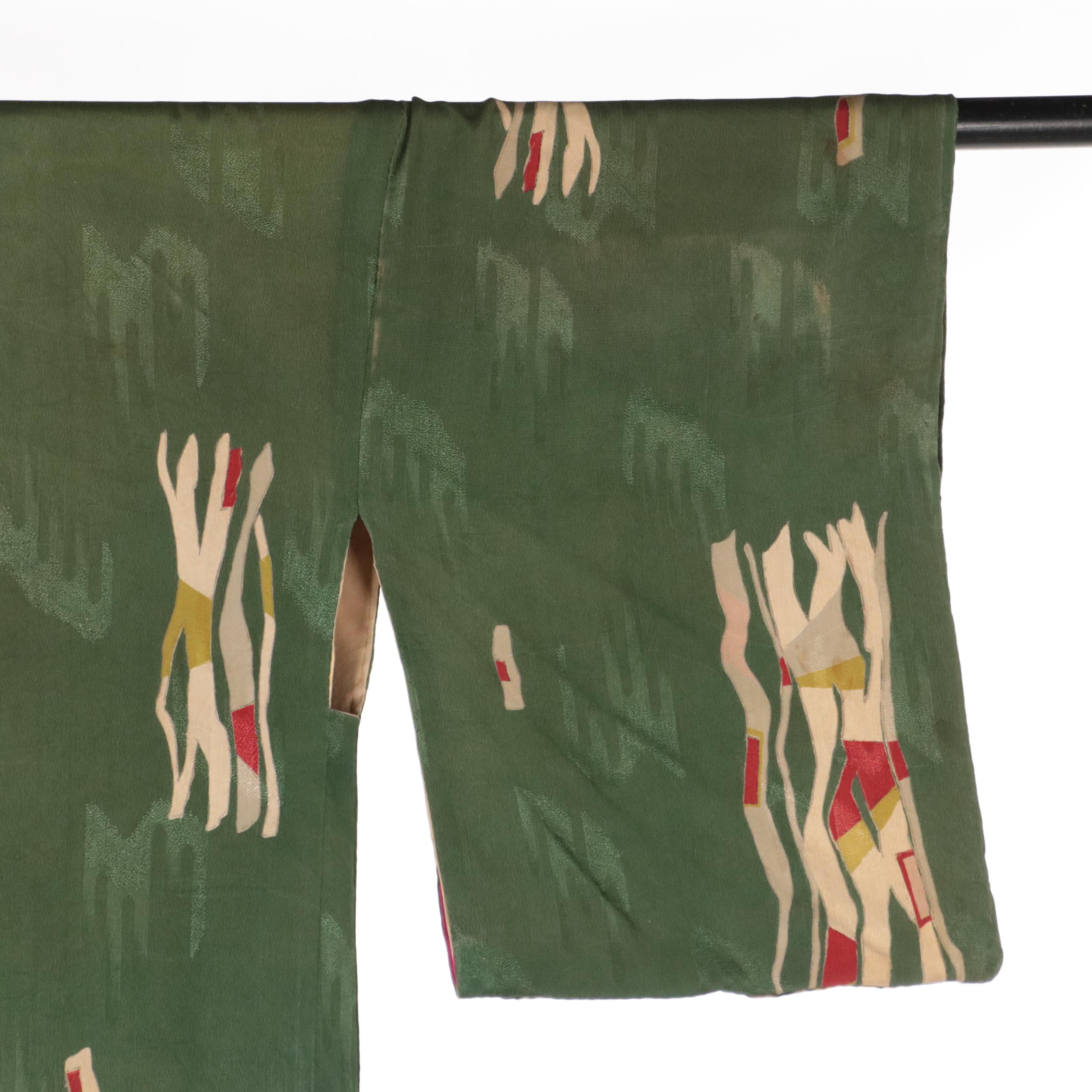 Green Haori Style Jacket in Abstract Print Silk Jacquard